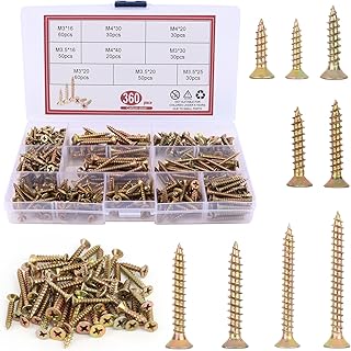 Assortiment de Vis à Bois Autotaraudeuses - 360 Pièces M3/M3,5/M4 - Set à Tête Fraisée Avec Boîte de Rangement