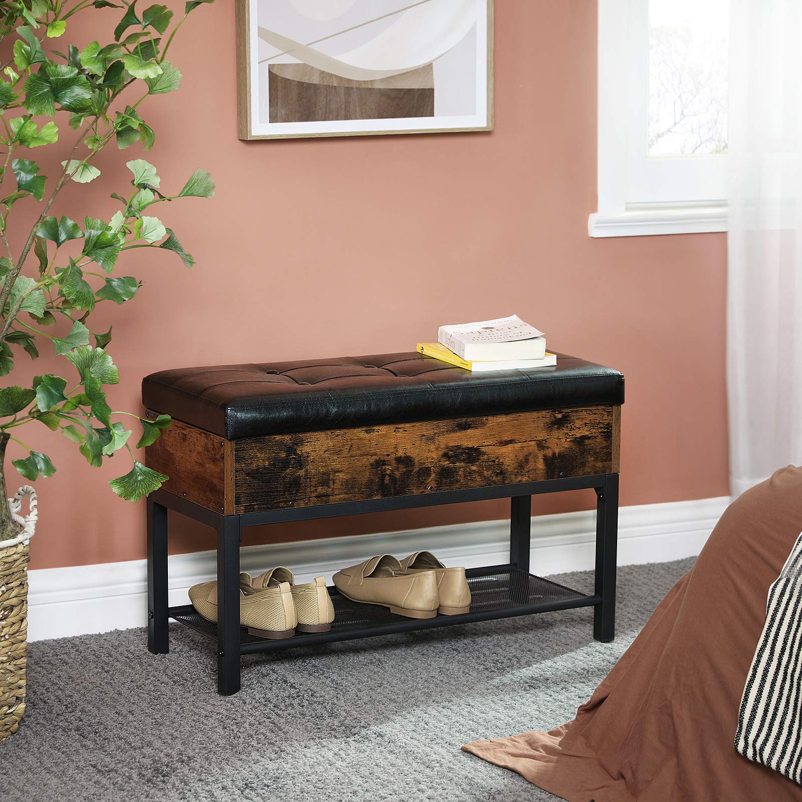 Tabouret Banc Avec Coffre Rangement VASAGLE - Style Industriel Marron/Noir | Siège Rembourré Entrée Salon