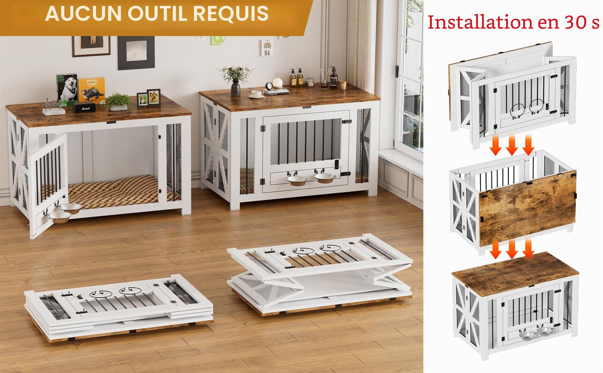 Meuble Cage pour Chien Intérieur Pliable, Niche en Bois avec 2 Gamelles Pivotantes, Table d'Appoint Robuste pour Salon, Niche Robuste pour Chiens de Taille Moyenne et Grande,105 × 58 × 65,6 cm,Blanc