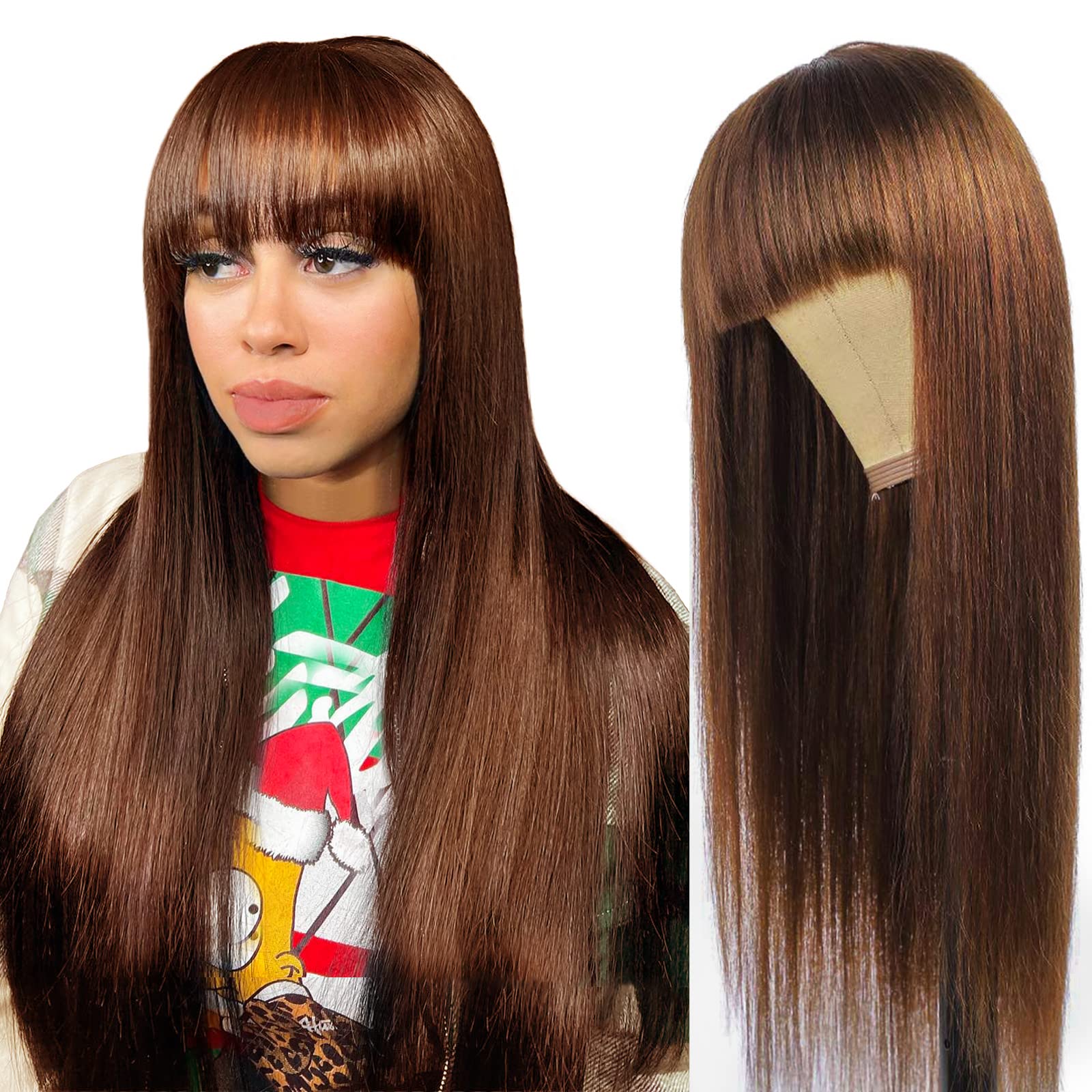 Ruiyu Brown 2x4 Lace Front Wigs Human Hair Wigs With Bangs 180% Density Straight Wear And Go Glueless Human Hair Wigs For Black Women Human Hair Light Brown #4 Brazilian Human Hair Wigs 28 Inch