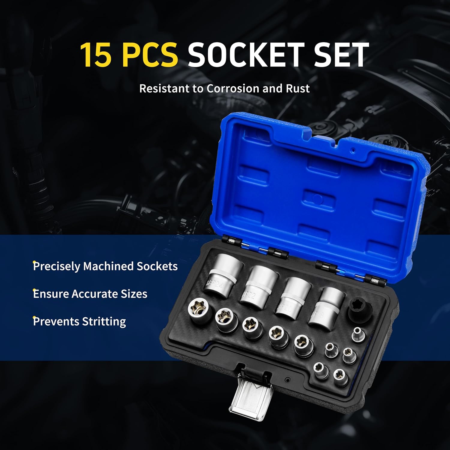 Kuntech 15pc External Torx Plus Socket Set Compatible with Tesla, 6 Point EP Sockets EP4, EP5, EP6, EP7, EP8, EP10, EP11, EP12, EP14, EP16, EP18, EP20, EP22, EP24 with 1/2'' 3/8'' 1/4'' Dr, Silver