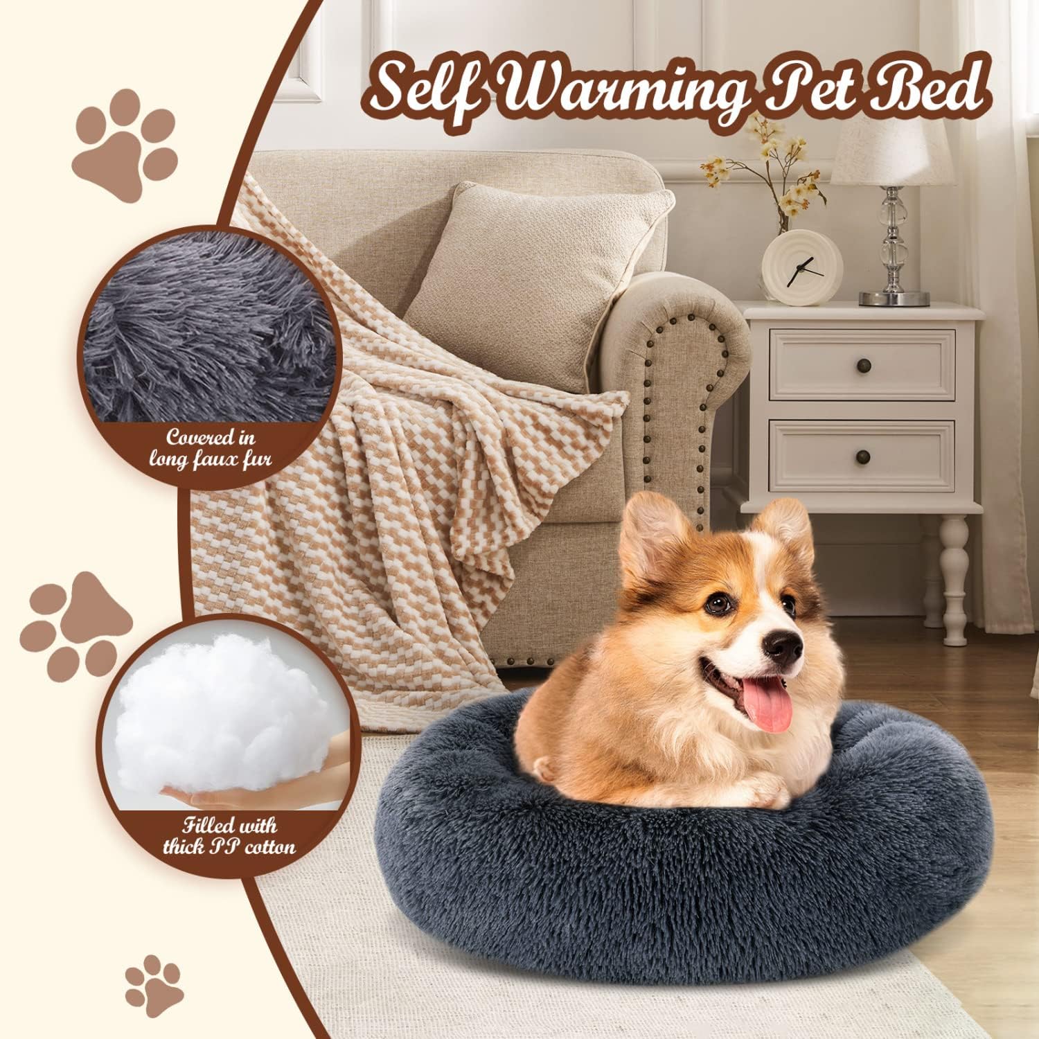 review Nobleza Dog Beds for Small Dogs, Washable Soft Round Fluffy Donut Self Warming Cat Bed, Anti-Anxiety Cuddler Dog Calming Bed for Indoor Snoozer & Snuggle, 23