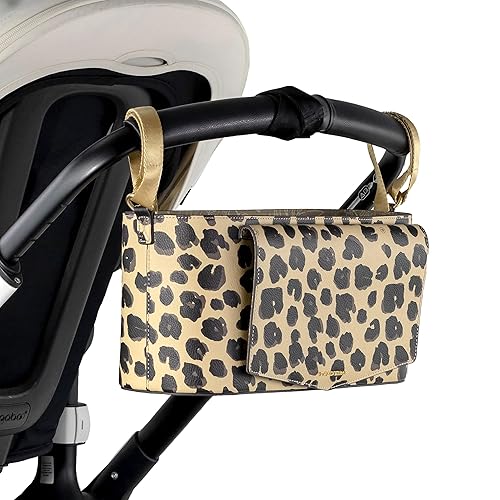 Miniatura 4 de TWELVElittle Organizador de cochecito Peek A Boo Carrito para cochecito con estuche de toallitas para bebé en piel vegana, leopardo