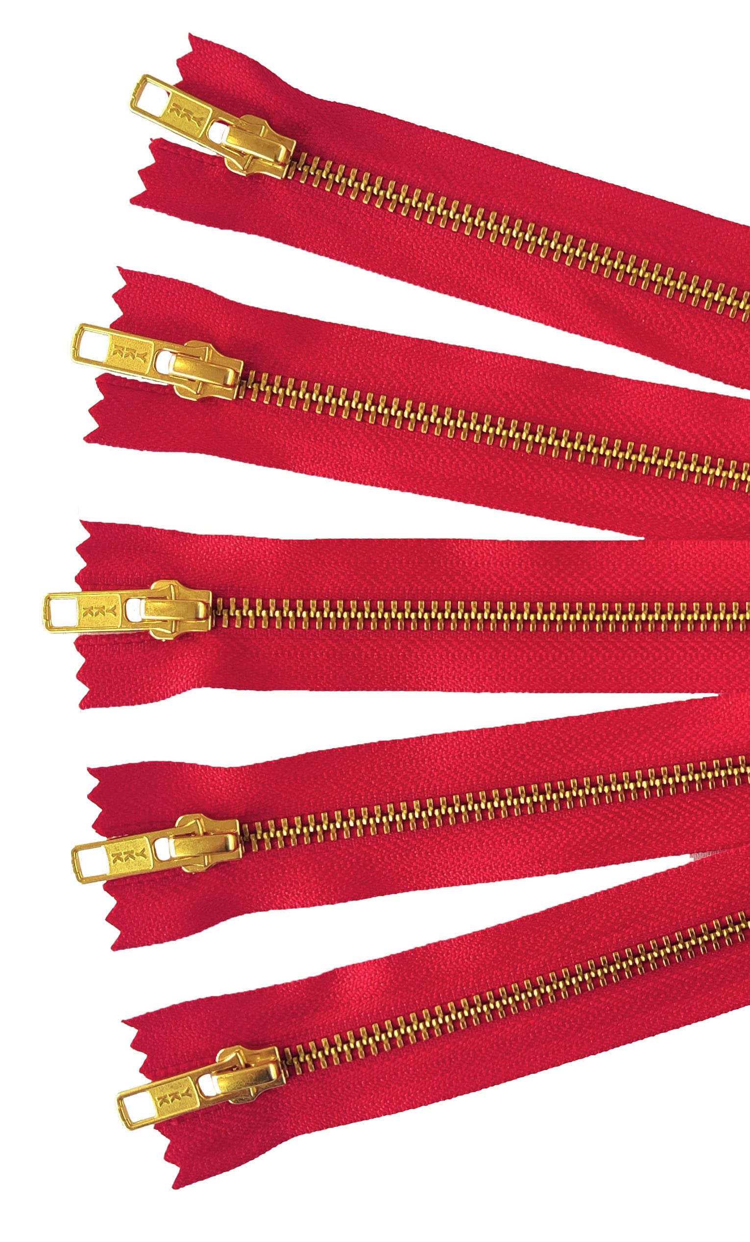 TUKIMAYKK Golden Brass Metal Zippers in Red - #5 Closed-end Zippers - 6 Inch - Set of 5 Pieces by Craftbot
