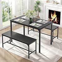 DumOS Dining Table Set for 4 with Bench - Easy Assembly Space-Saving Kitchen Table for Apartment Dining Room - Black 3-Piece