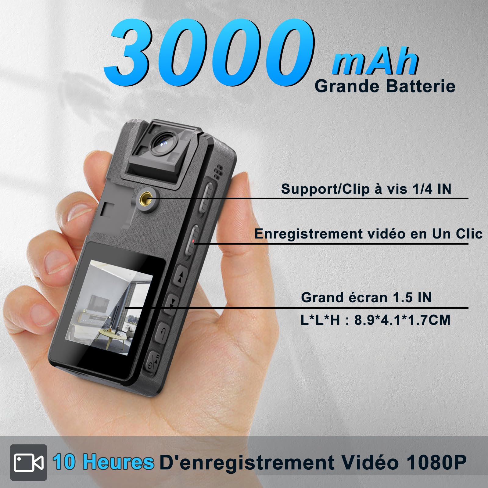 64GB Caméra de Corps, 1296P HD Caméra Corporelle (3000mAh) avec Vision Nocturne IR et Objectif Pivotant à 180°, Caméscope avec Audio et Vidéo Idéales pour Civils, Police Forces de L'ordre