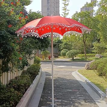 Portable Small Garden Parasol, 1.6M Garden Beach Patio Umbrella Parasol, Red, Height Adjustable, No Base, Stars Fringe Decoration Optional Size With tassel