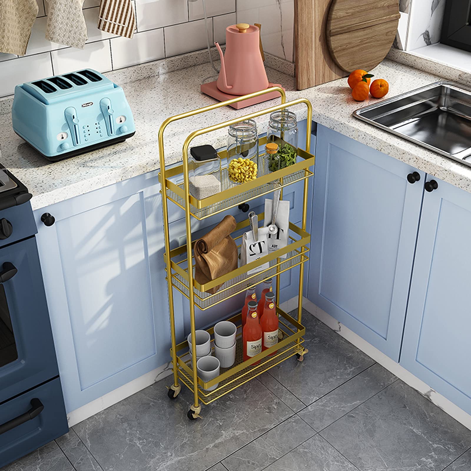 Carrello scorrevole sottile con ruote e manico, largo 20 cm, salvaspazio, per cucina e casa, ufficio, ripiano stretto per bagno/lavanderia, può contenere fino a 25 kg