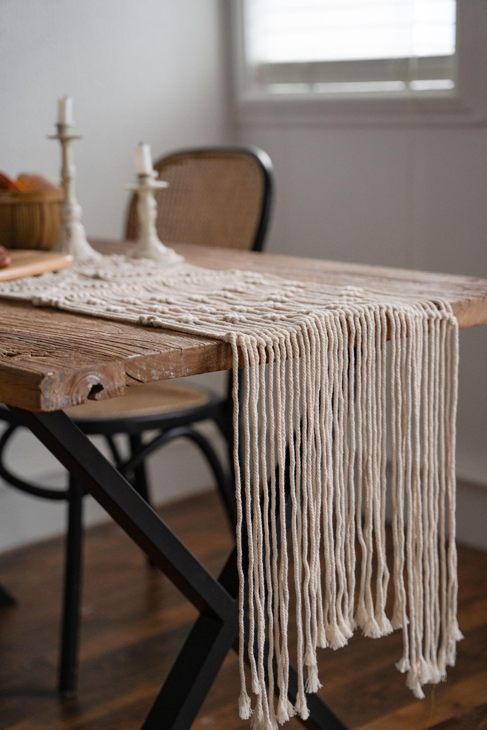 Beige Tischläufer Baumwolle Polyester, Makramee Boho Tischläufer Deko Abwaschbar Tischband Hohl Gewebter mit Quasten Tischdecke für Küche Esszimmer Hotels Tischdeko, 33x275 cm, Beige