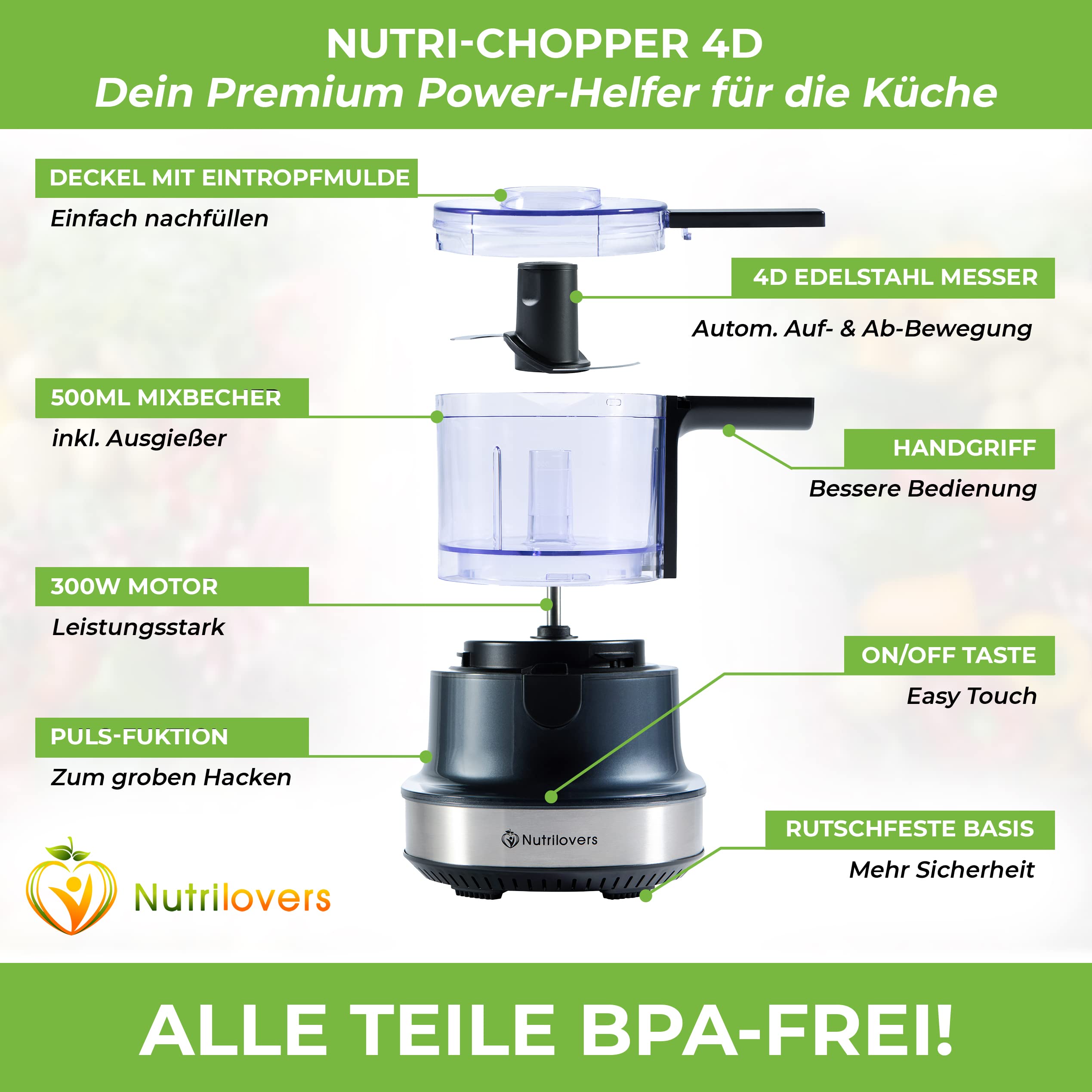 NUTRI-CHOPPER 4D tritatutto elettrico con funzione AUTO-BLADE – senza BPA – marchio tedesco – Food Processor trituratore universale per cipolla carne, noci, pesto