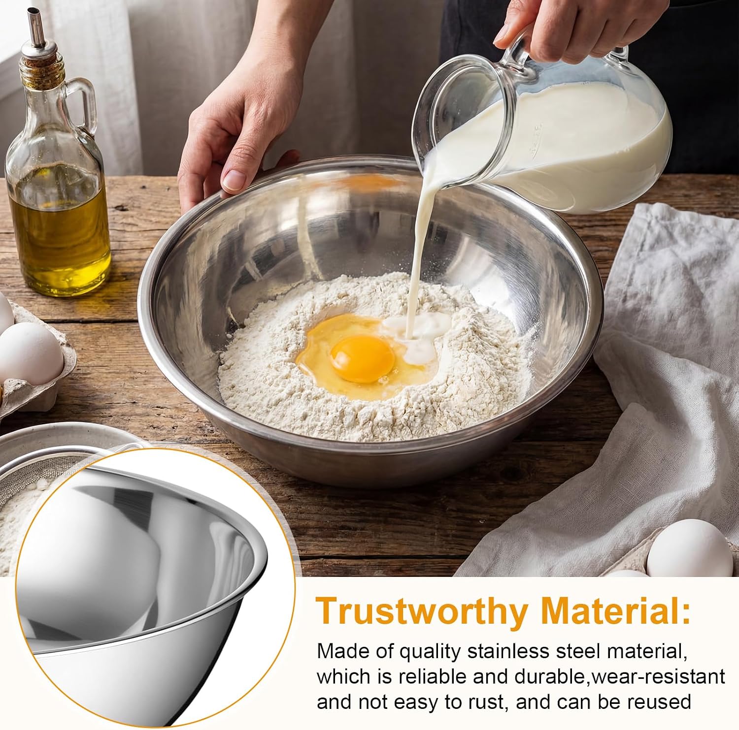 6 Pcs 4.2 Quart Stainless Steel Mixing Bowls Salad Bowls Metal Serving Reusable Baking Food Storage Containers for Baking Cooking Salads Soups Ice Cream Noodles