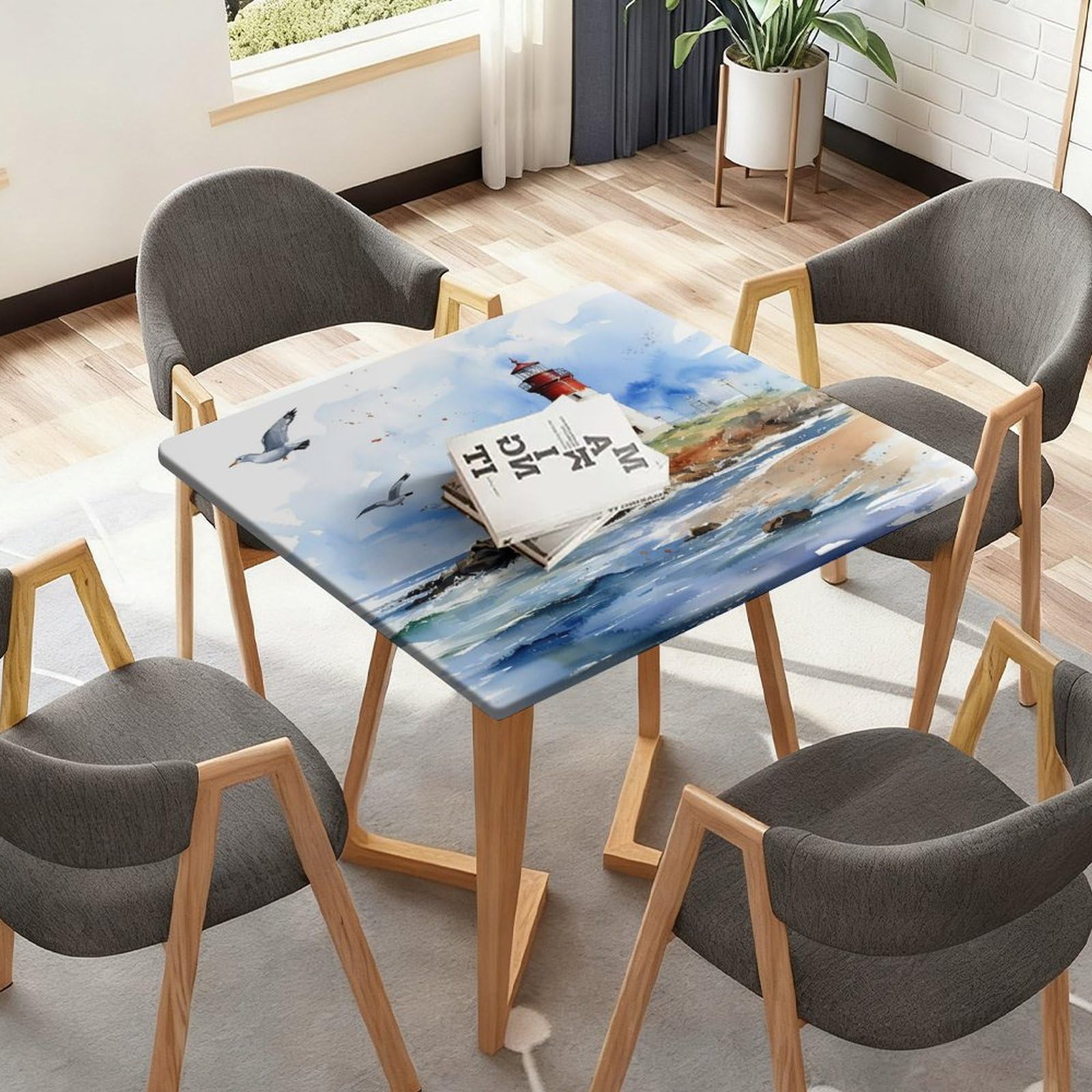 Tovaglia quadrata con bordo elastico, motivo faro oceanico, impermeabile, per sala da pranzo, feste di nozze, picnic, 130 cm