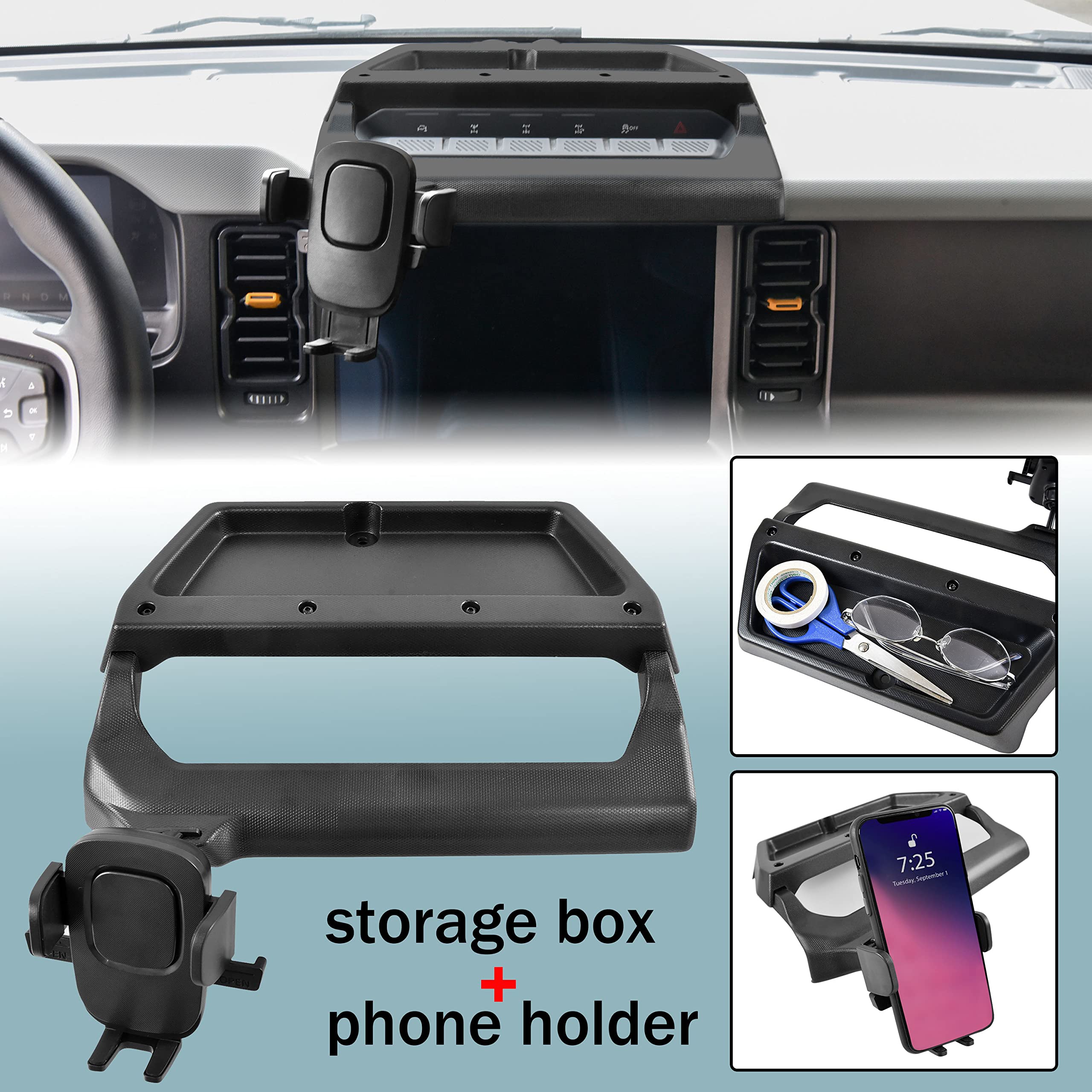 KEWISAUTO Dashboard Phone Holder for Bronco 2021-2023, Adjustable Center Console Dash Storage Tray Cell Phone Mount Automobile Cradles Applicable to Ford Bronco 2021 2022 2023 2/4 Doors Accessories