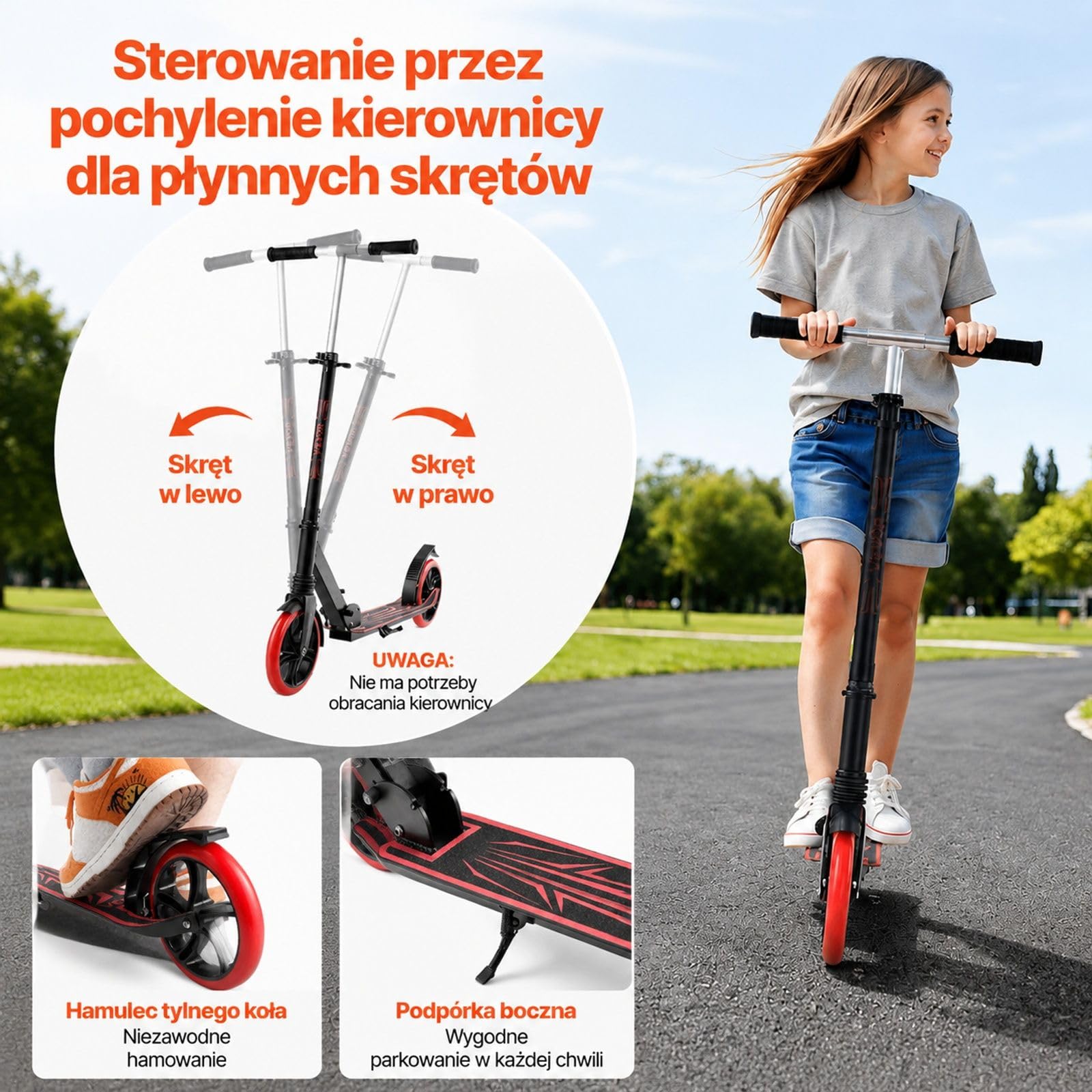 Składana hulajnoga miejska z 2 kołami PU, regulowaną kierownicą, lekką ramą, czarno-czerwona
