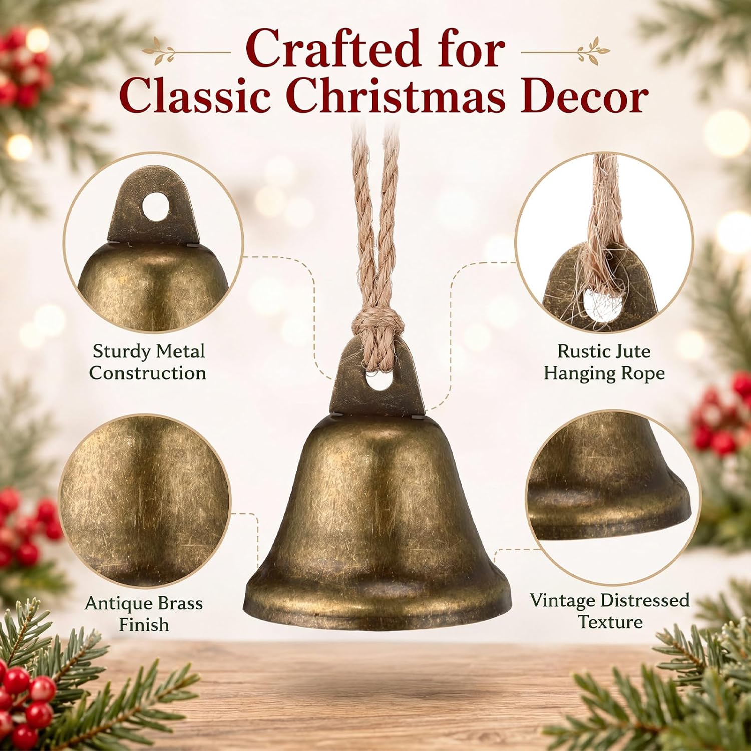 Frienda 12 Pcs Vintage Christmas Jingle Bell Ornaments with Jute Rope