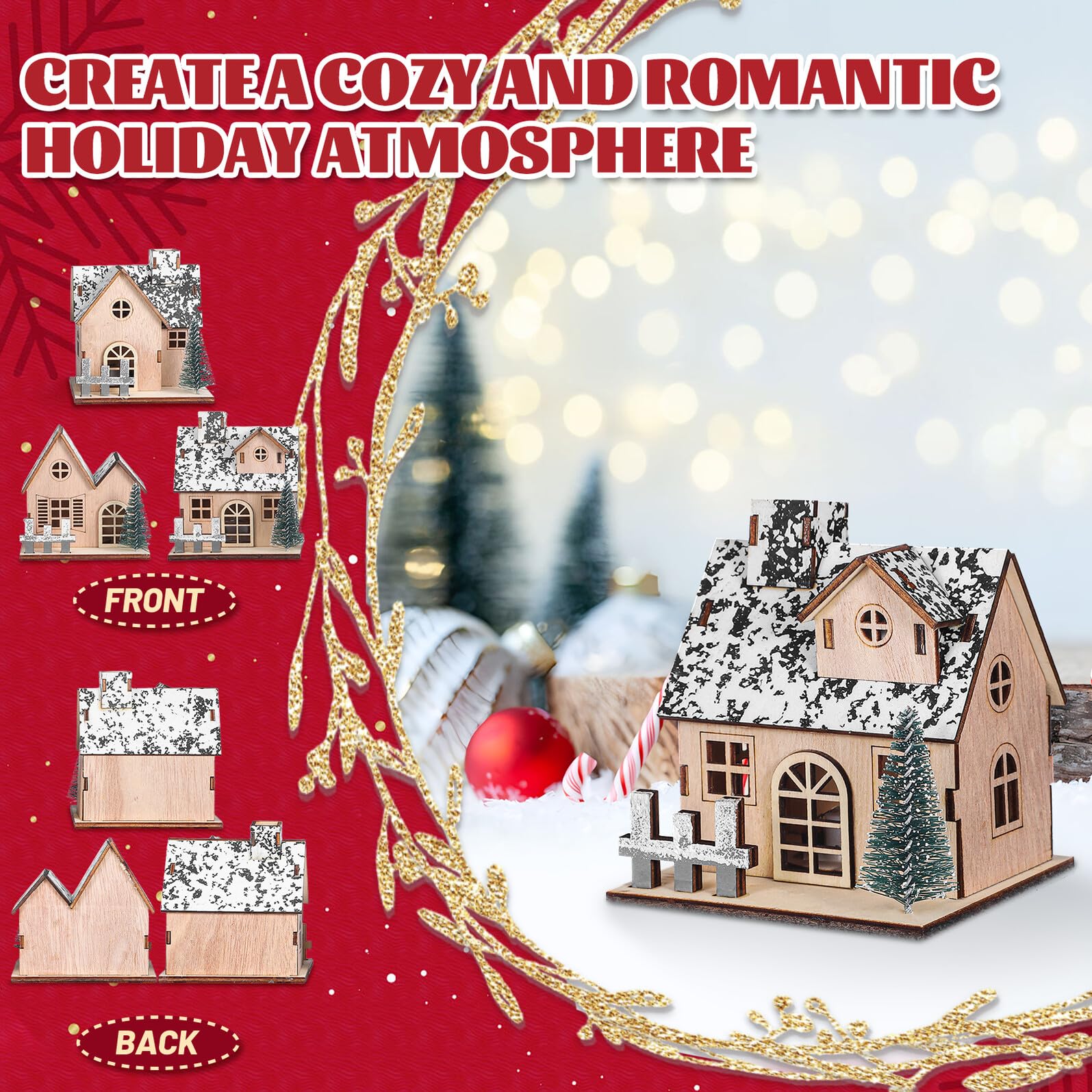 HEMOTON 3pezzi Casetta di Legno Natalizia Illuminata LED Mini Case di Natale in Legno Villaggio di Case di Natale Luci per Decorazioni Invernali