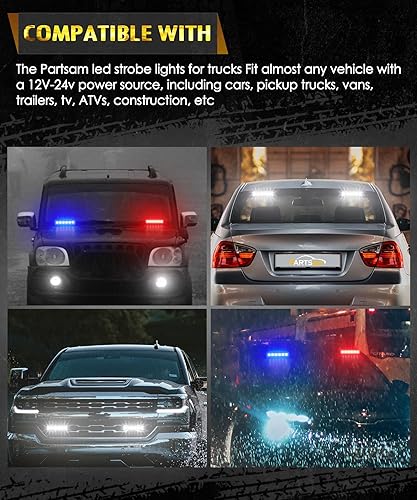 Miniatura 5 de Partsam Barra de luz LED estroboscópica de emergencia, 3 colores rojo y azul, cambio blanco, peligro de advertencia, rejilla de policía, luces