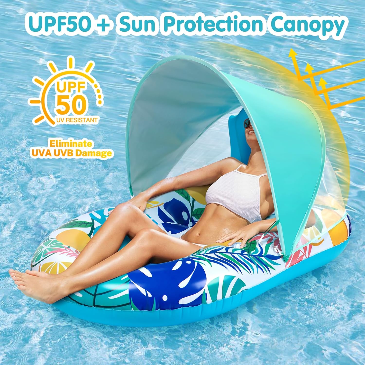 Hatisan Inflatable Pool Floats with Canopy and Cup Holder for Adult Teen Tanning Pool Lounger Floats Sun Tan Tub Raft Lounge Floatie for Swimming Pool Lake Beach Large Pool Float