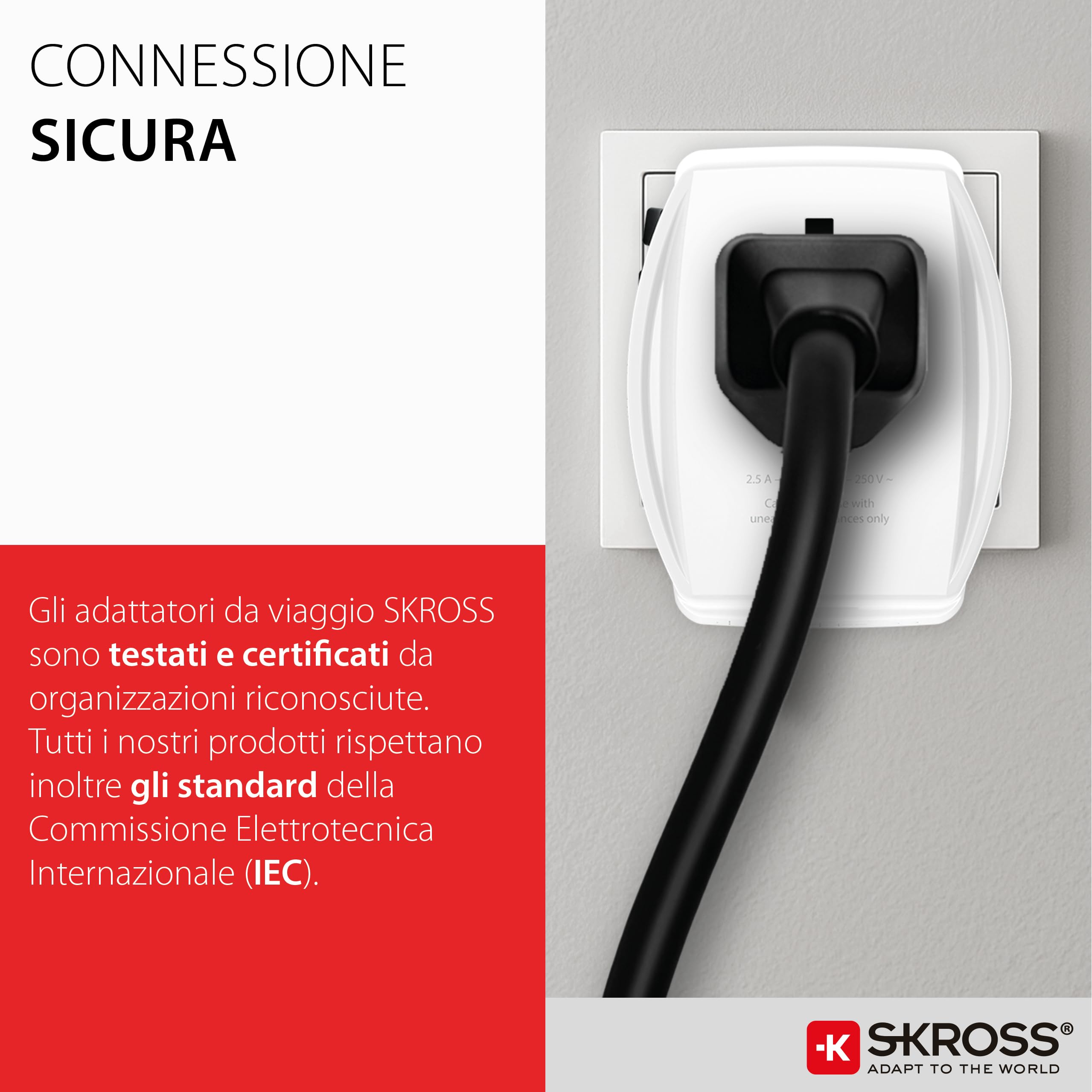 SKROSS -MUV USB AC65PD con cavo USB-C (160 cm) - Adattatore da viaggio universale a 2 poli + 1 USB C e 1 USB 65 W - Tensione e potenza: 100 V - 250 W/250 V - 625 W per laptop, tablet e smartphone