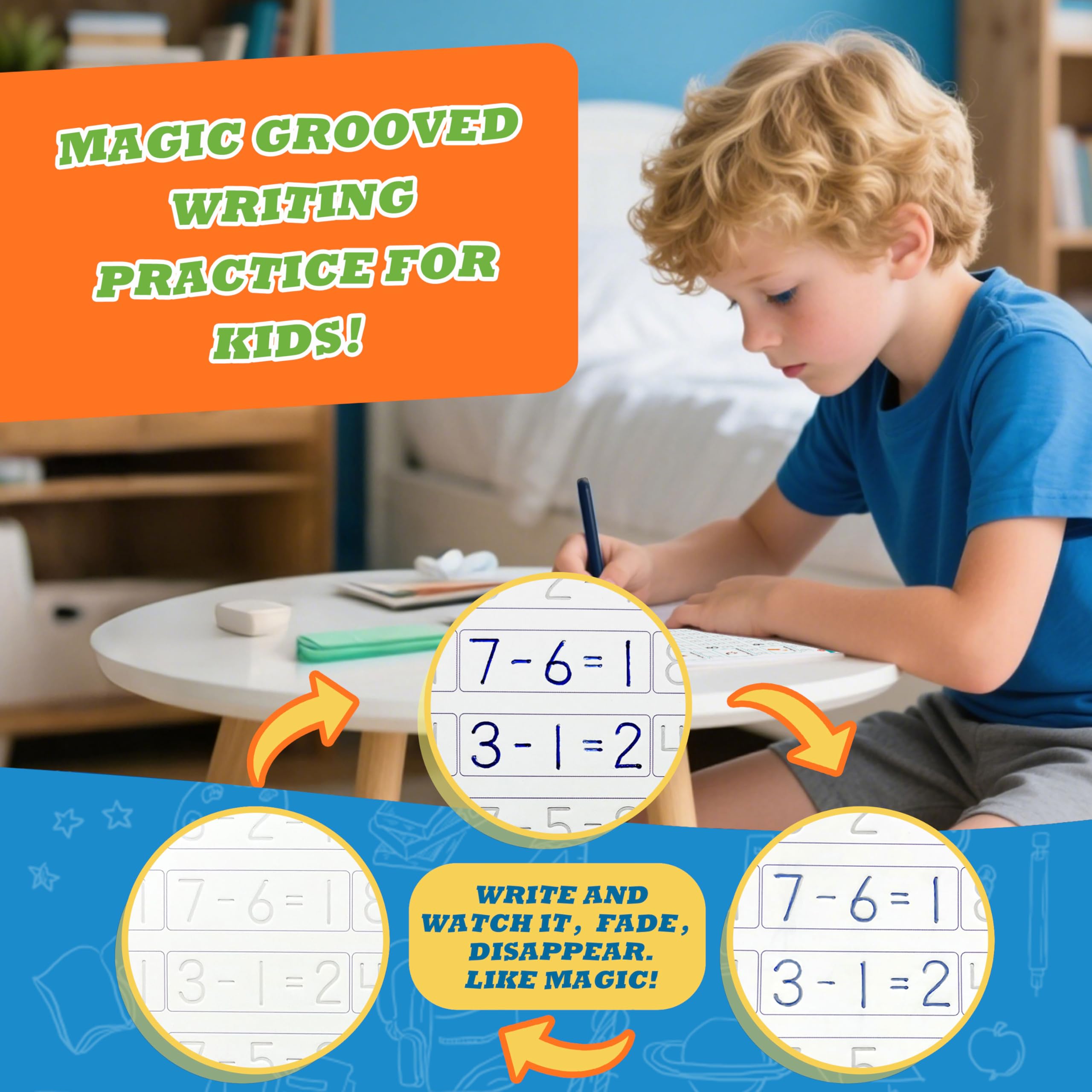 Magic Grooved Práctica de escritura para niños de 3 a 8 años, libros de trabajo reutilizables de escritura a mano con ranuras profundas - letras, números, matemáticas y dibujo, bolígrafos y