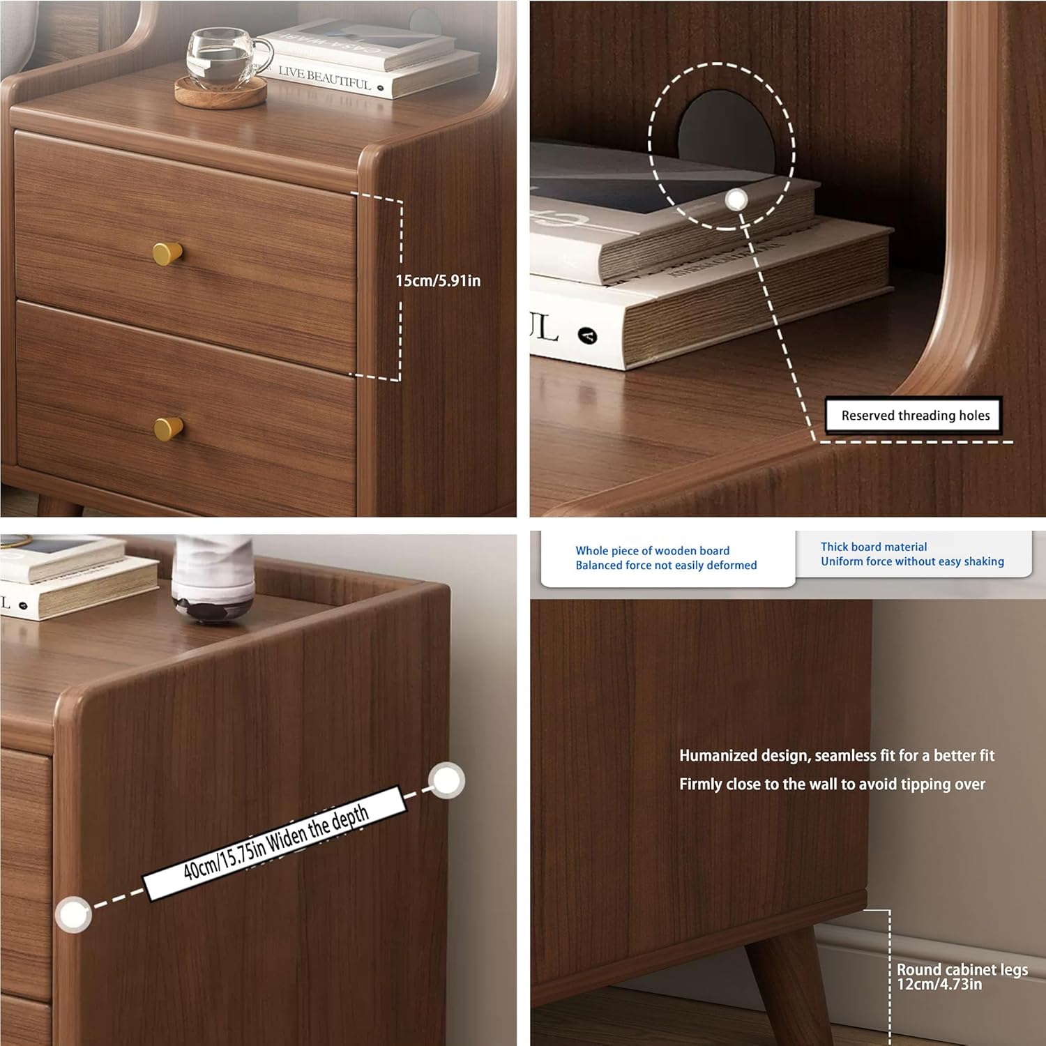EASYSOUL Wood Bedside Nightstand End Table, Side Table with 2 Drawers, Brown Wood Accent Table with Storage for Bedroom