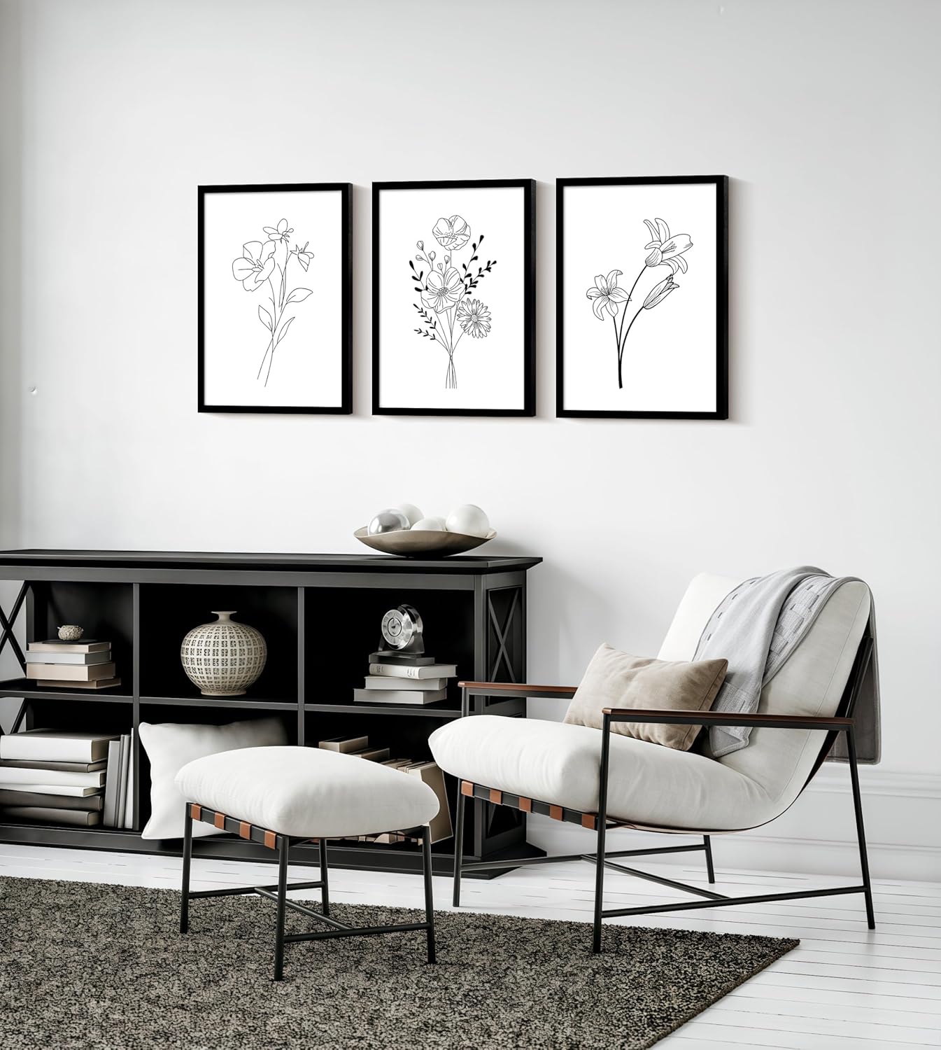 Framed canvas black and white floral wall art three-piece set, decorative painting, simple plant poster, line drawing, flower print, painting decoration suitable for living room and bedroom, 12x16 inches.