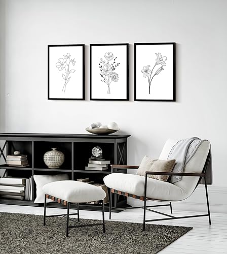 Miniatura 2 de Lienzo enmarcado en blanco y negro floral para pared, juego de tres piezas, pintura decorativa, póster de planta simple, dibujo de líneas, estampado
