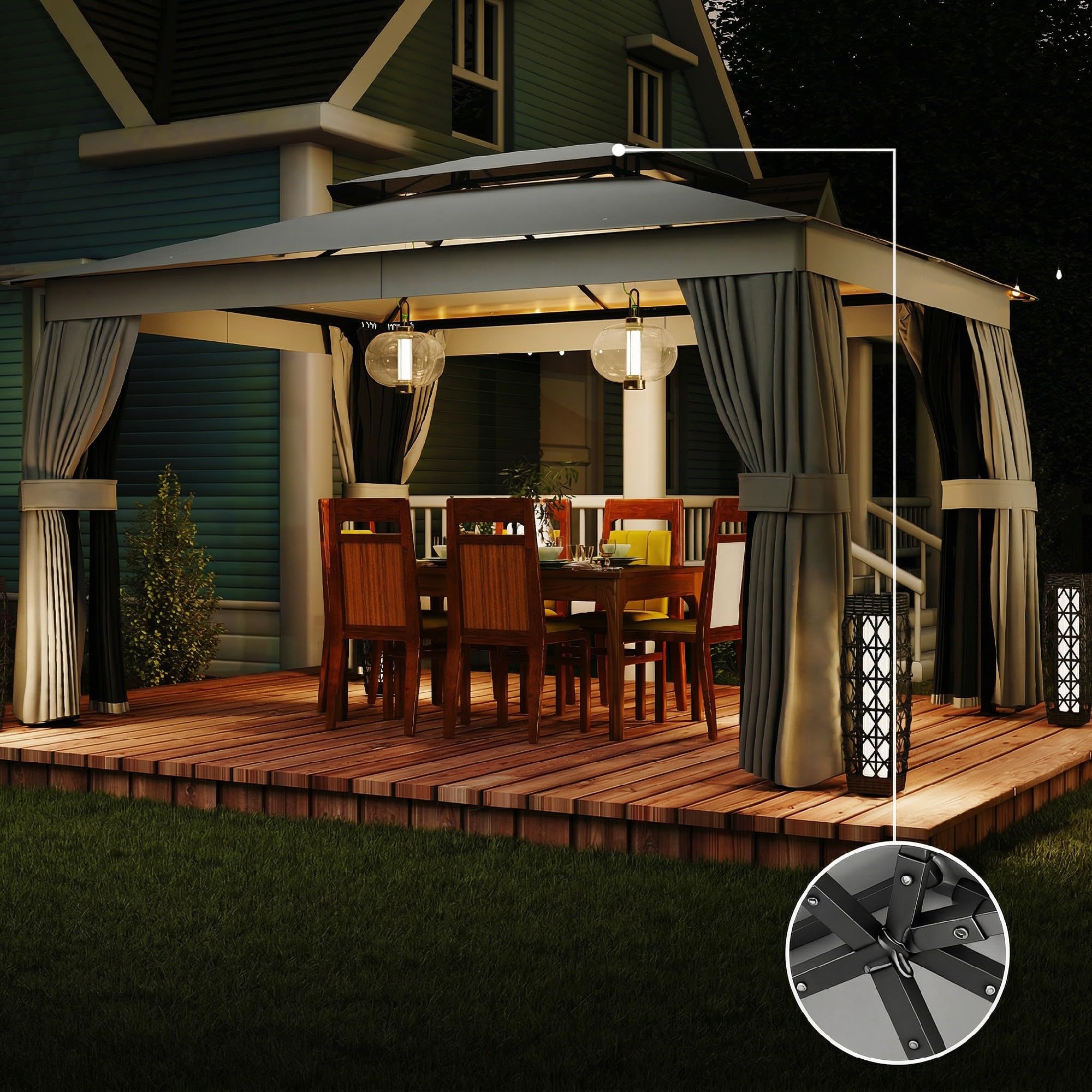 Outsunny Gazebo da Giardino 3.8x3 m con Tende e Zanzariera Grigio Scuro | Ganci, Doppio Tetto con Fori di Drenaggio, Struttura Metallica, per Feste Terrazzo Patio Giardino, UV30+