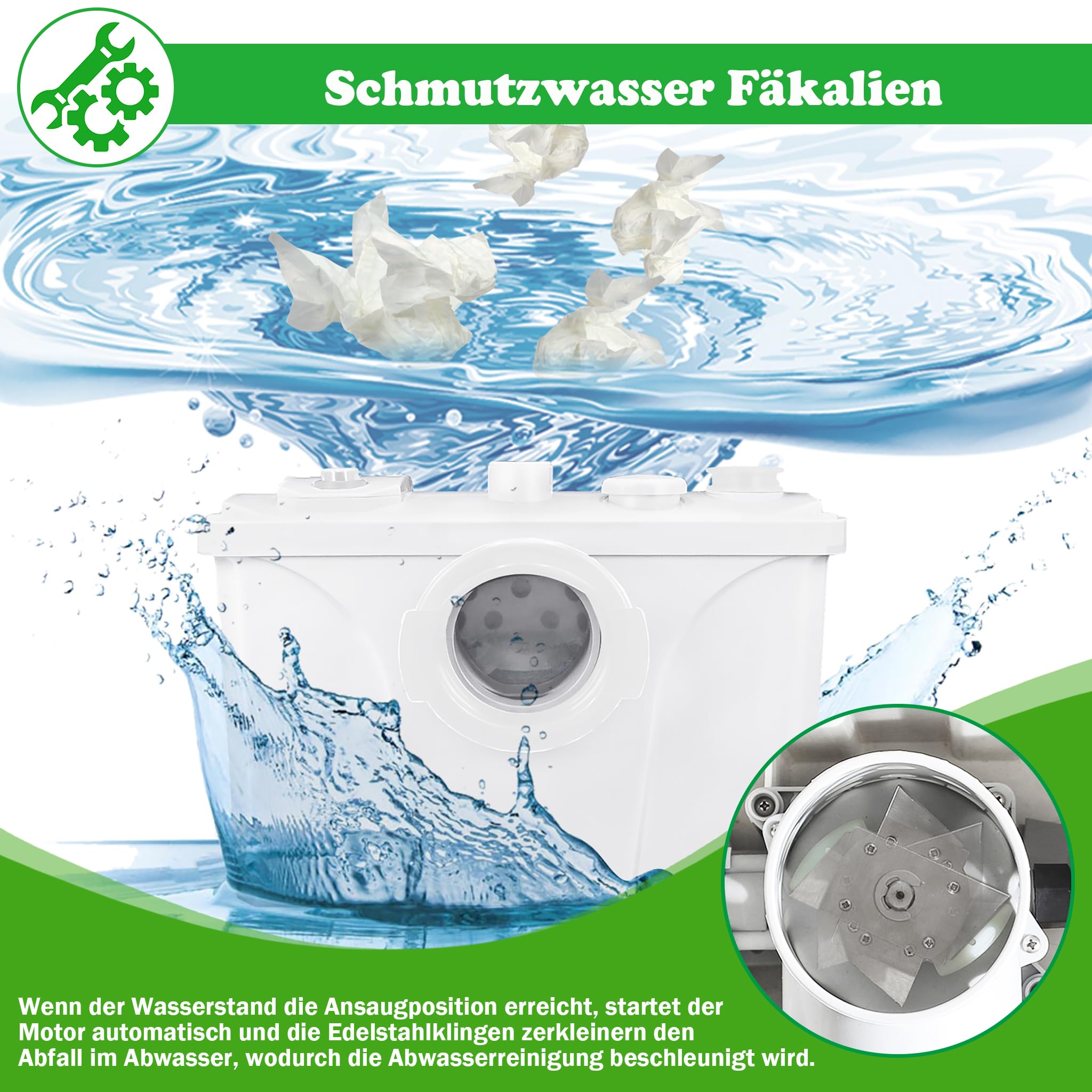 SUBTLETY 700 W system podnoszenia brudnej wody fekaliów z filtrem węglowym i ostrzami ze stali nierdzewnej, pompa do brudnej wody, 180 l/min, wbudowany filtr z węglem aktywnym, mały podnośnik do WC,