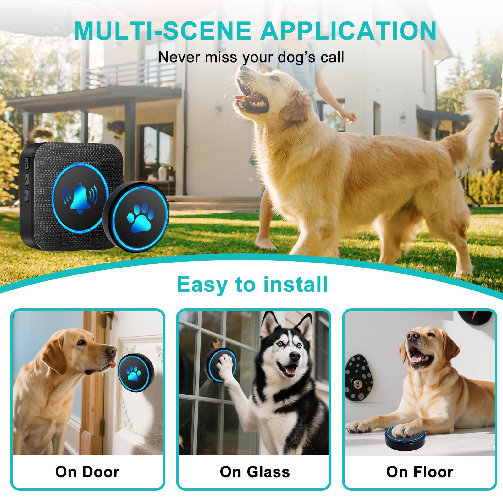 Dog Door Bell for Potty Training, Smart Wireless Doggie Doorbell to Go Outside, 1000 Feet Long Range with IP65 Waterproof Super-Light Touch Button, 60 Melodies & Adjustable Volume (2 Button) - image 3