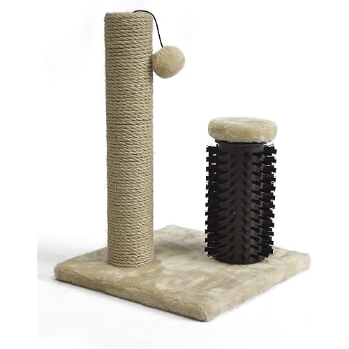 Amazon Basics Cat Scratcher - Indoor Classic Single Cat & Kittens Scratching Post with Brush, Small (16.5" H) - Beige