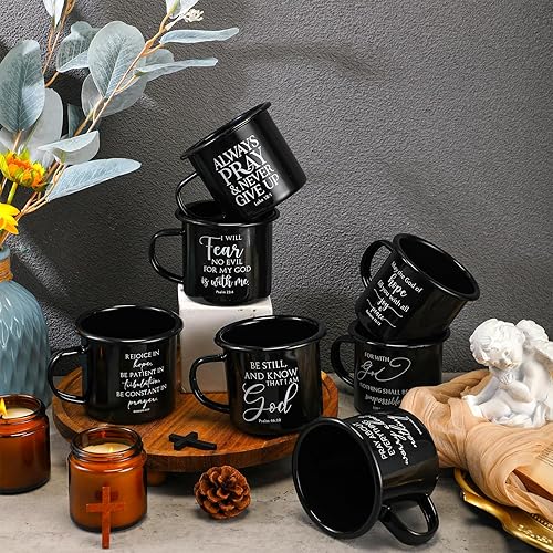 Miniatura 6 de Mifoci Tazas esmaltadas cristianas con asa, tazas de café inspiradoras cristianas, regalo con versículo de la Biblia, tazas de campamento
