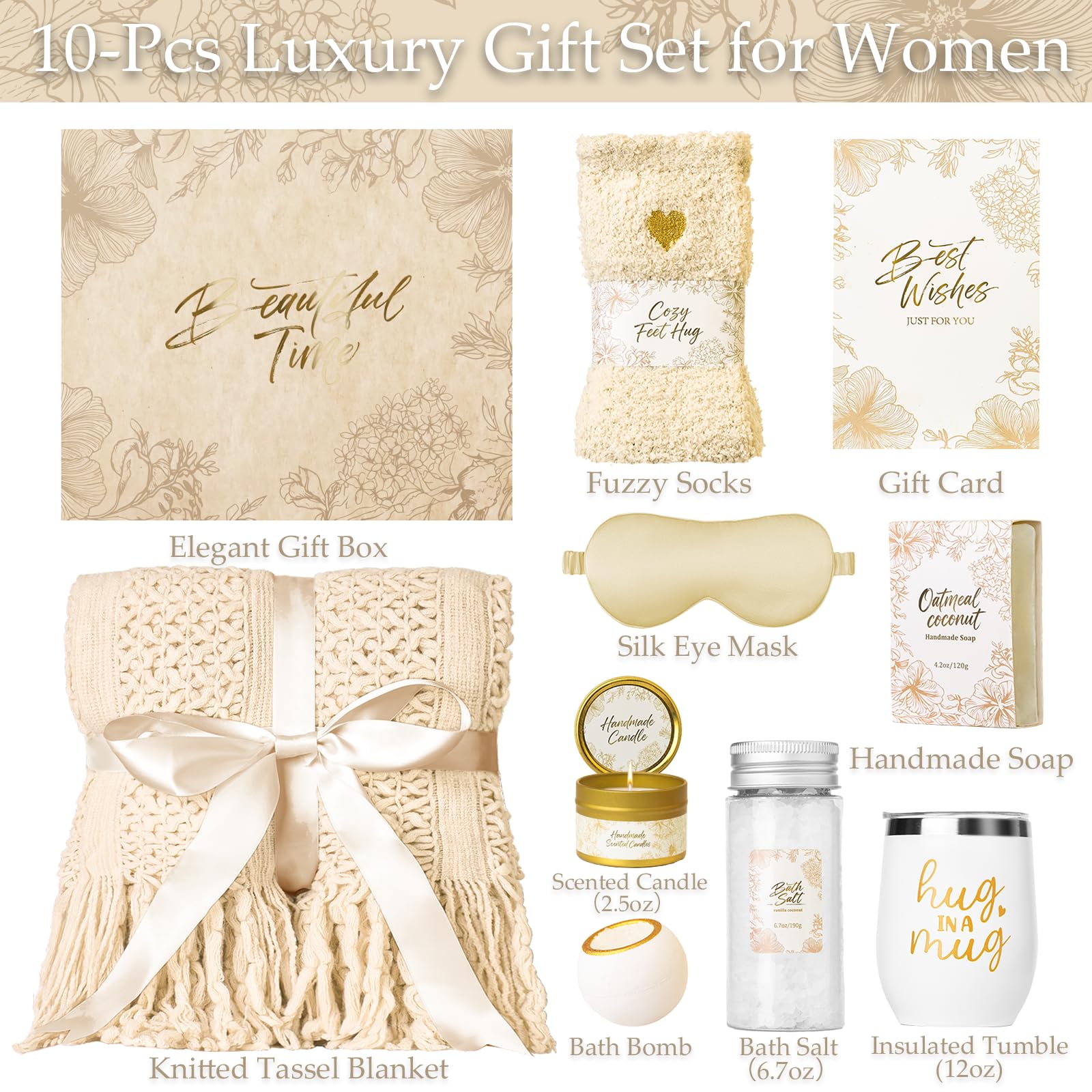 Mothers Day Gifts for Mom Women, Self Care Gift Basket with Knitted Fringe Throw Blanket - Get Well Soon Birthday Care Package for Wife Grandma Her Friend Sister