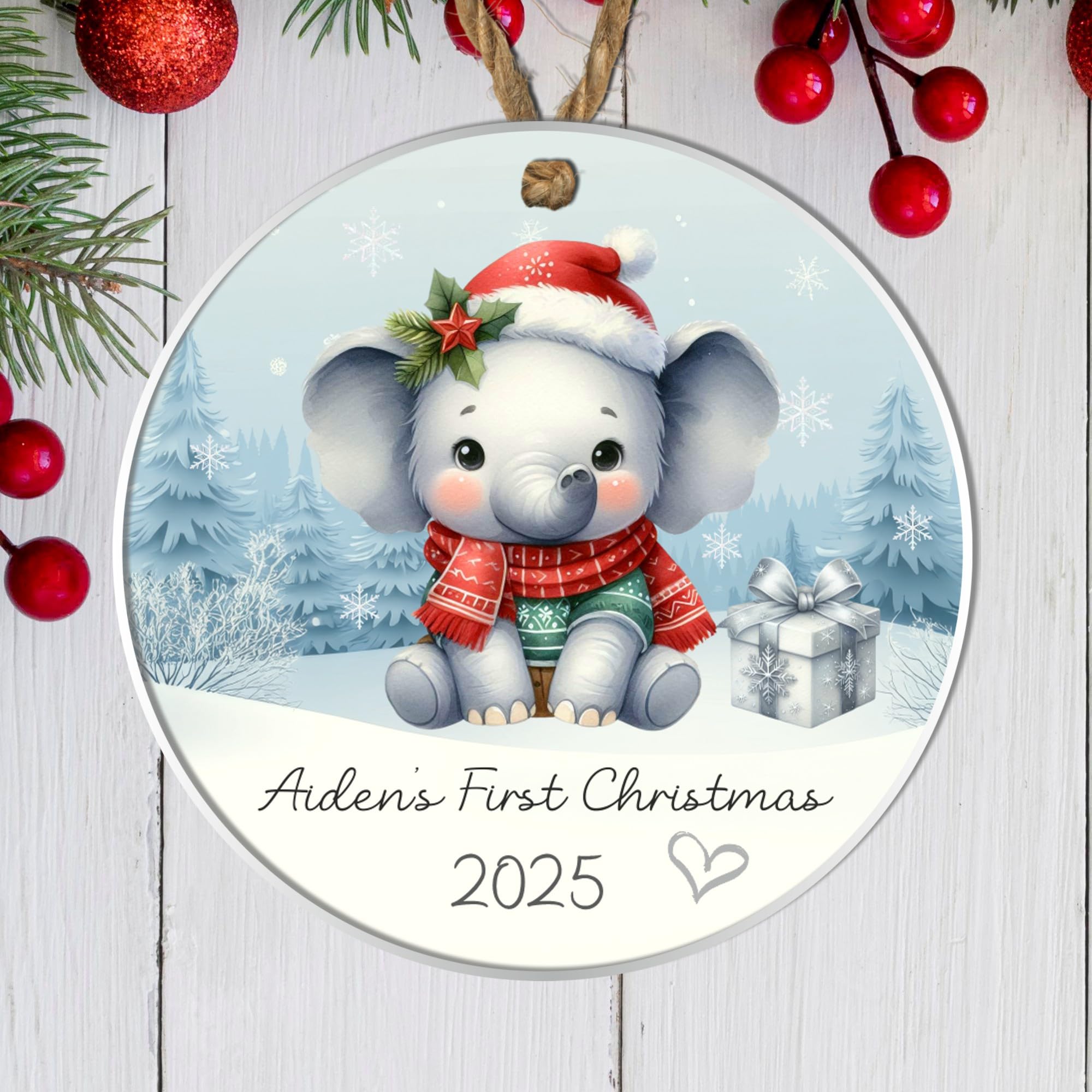 Whimsical Personalised Baby's First Christmas Animal Hanging Bauble Cute 1st Christmas Keepsake Tree Decoration Gift (Elephant, Acrylic - Indoor & Outdoor Use)