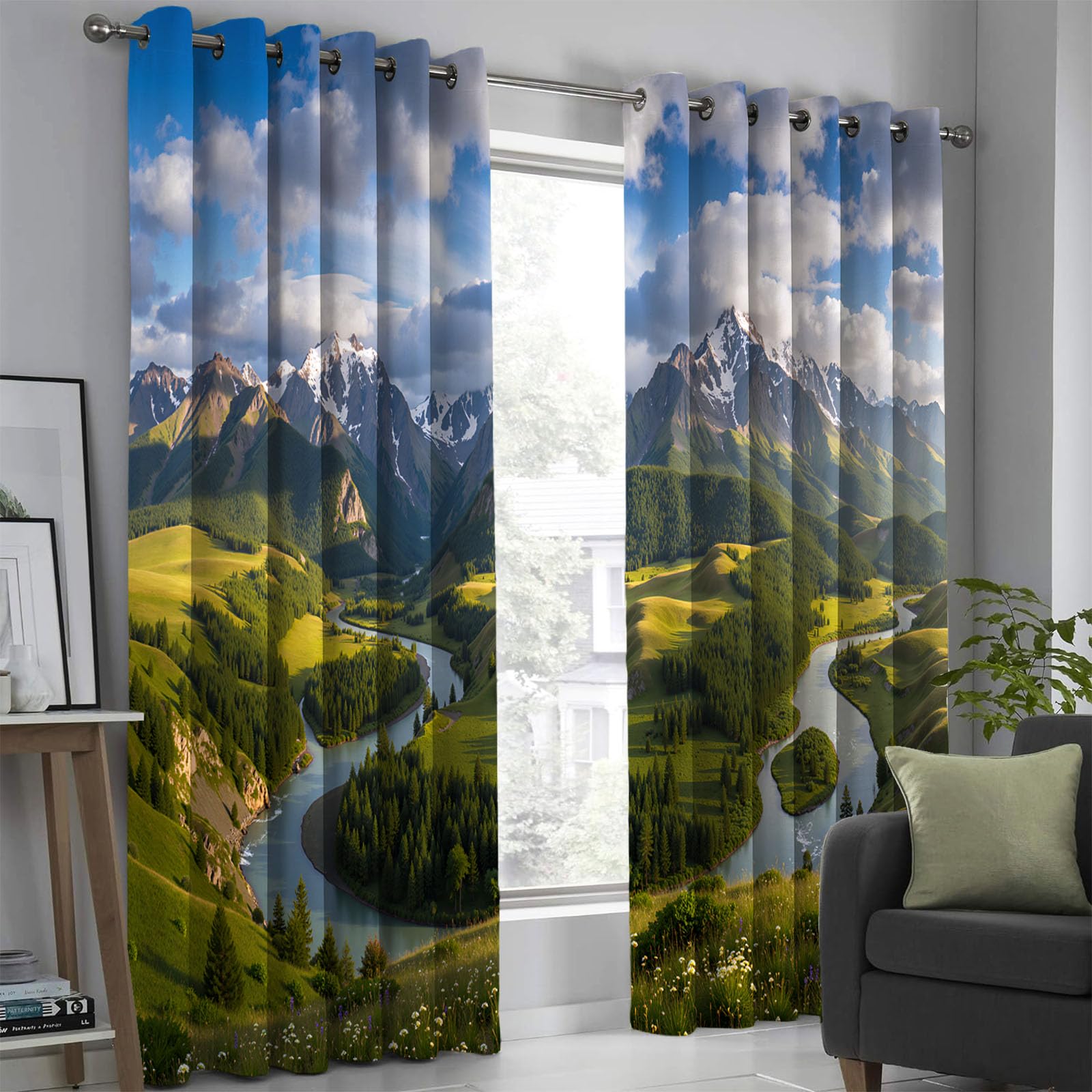 Rideaux occultants 140x240 vert paysage de montagne 2 pièces