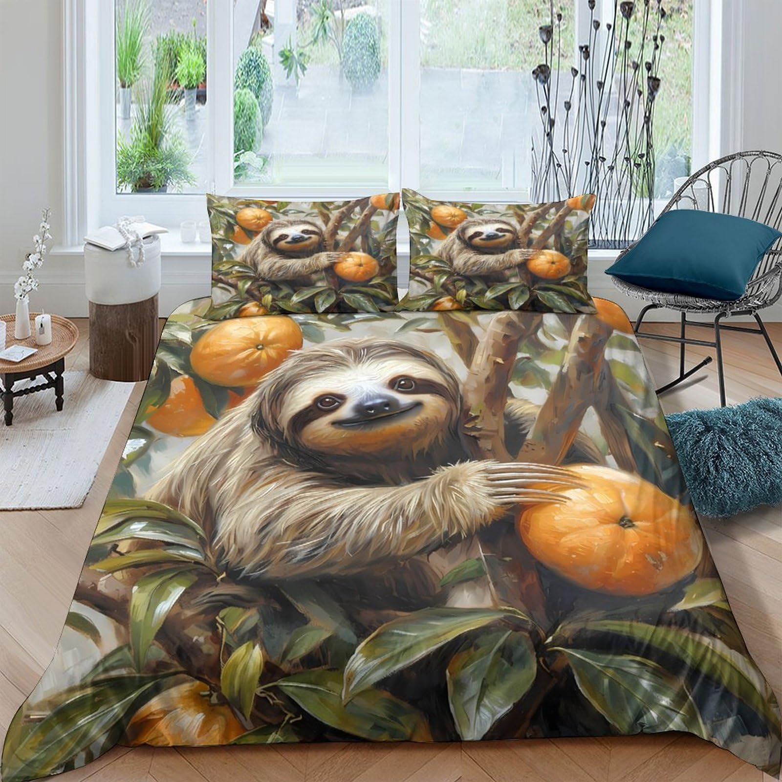 GPLZQXKJNH 3D Printed Sloth Orange Duvet Cover Set Microfiber Soft Breathable Jungle Animal Quilt Cover with 2 Pillowcases for Bedroom Decor Single（135x200cm）