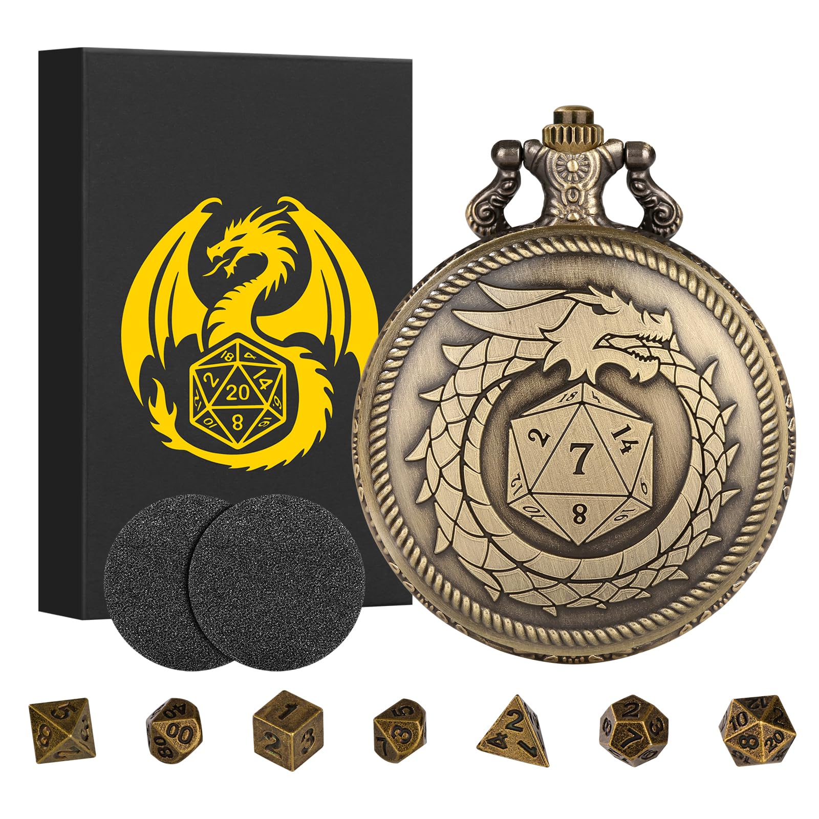Mini DND Dice Set Steampunk Dragon Bronze Pocket Watch Shell Case, 7pcs Polyhedral Metal D&D Dice Set, DND Gifts with Gift Box for Men Women, Role Playing Board Games Accessories, Bronze