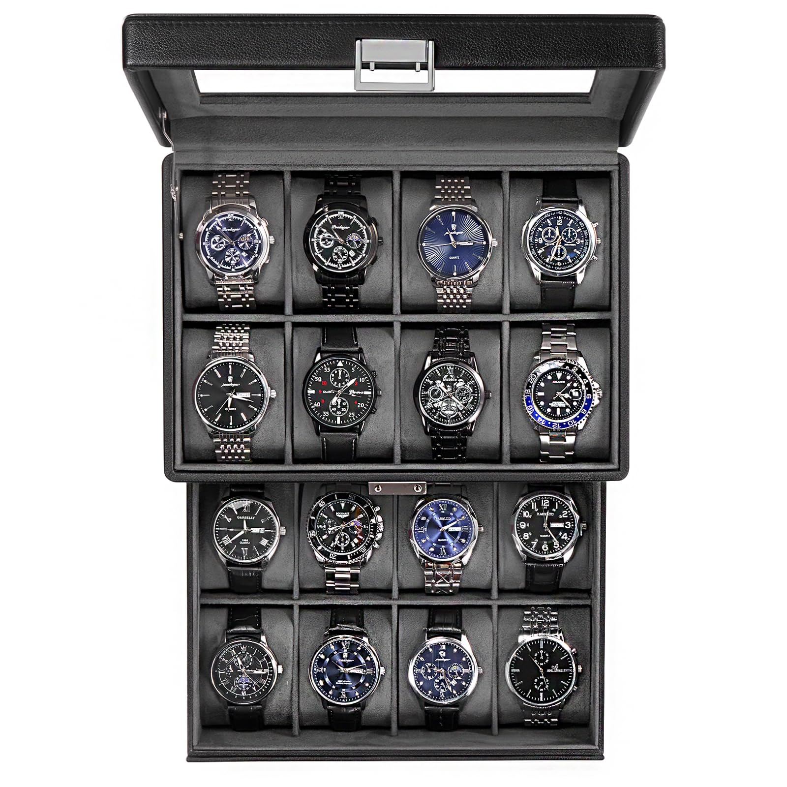 HVMBEUGOS Watch Box for Men, Jewelry Organizer Box with Drawer, Display Storage Case with Glass Lid -Black, 16 Slot