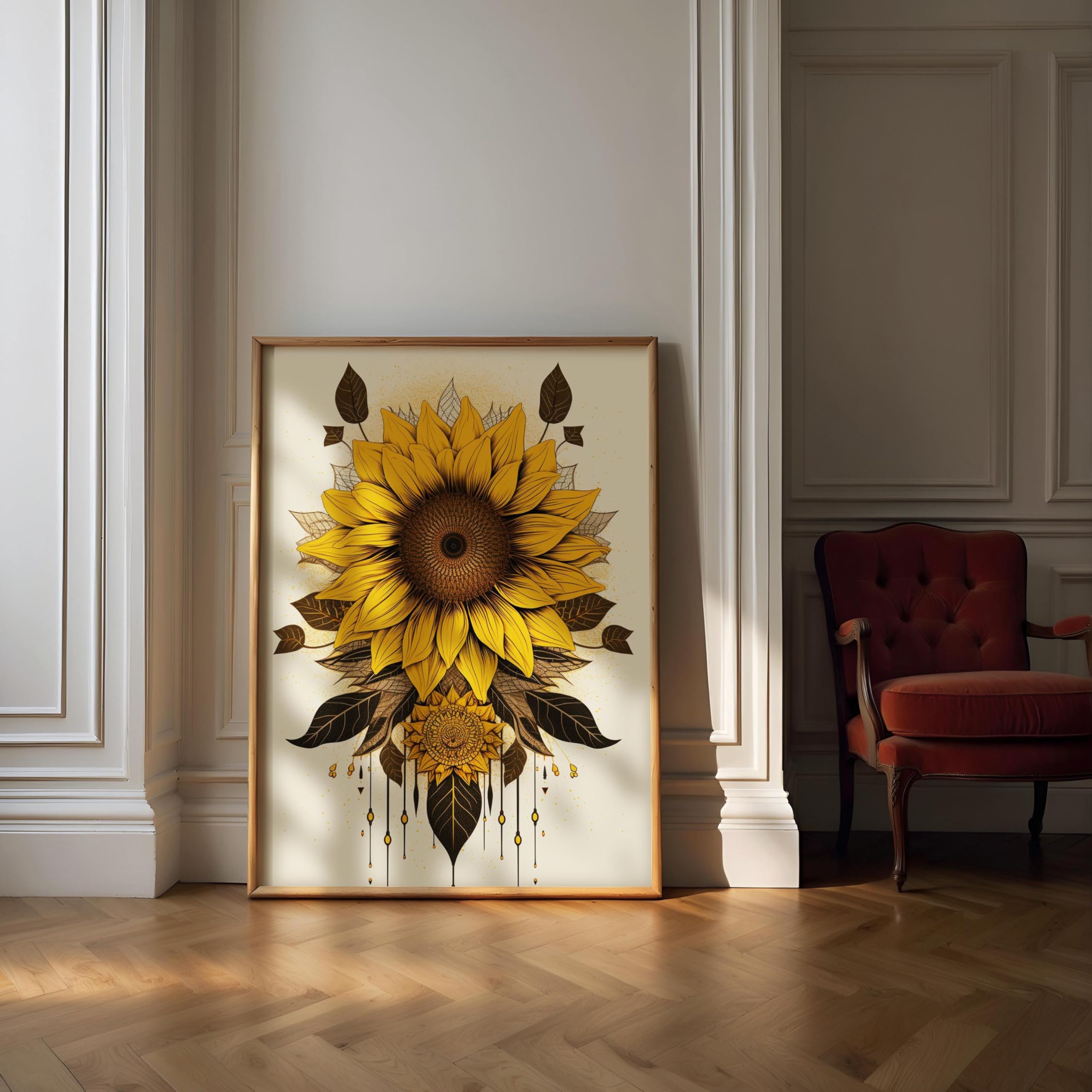 CAOXTART Boho słonecznik sztuka ścienna nadruk, żółte kwiatowe plakaty, botaniczny obraz na płótnie, vintage słonecznik ilustracja grafika (20 x 30 cm/ramka wewnętrzna)