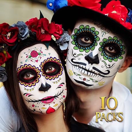 10 Pack Día de los Muertos Temporary Face Tattoos | Halloween Decorations...