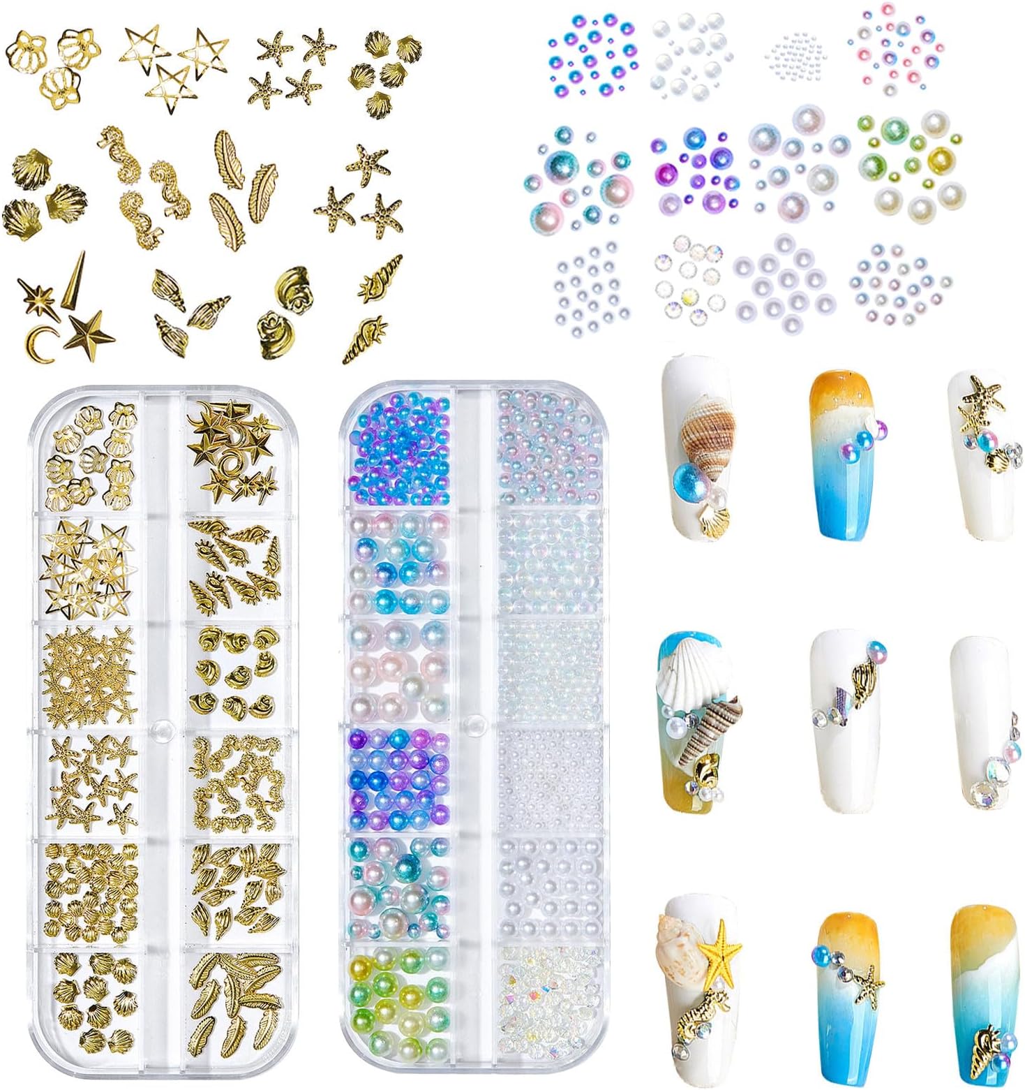 Ocean Themed Nail Charms, 2 Boxes Gold Nail Studs Shell Starfish Conch Sea Nail Charms Nail Rhinestones Pearls Summer 3D Nail Art Decorations Accessories for Nail Design DIY Crafts