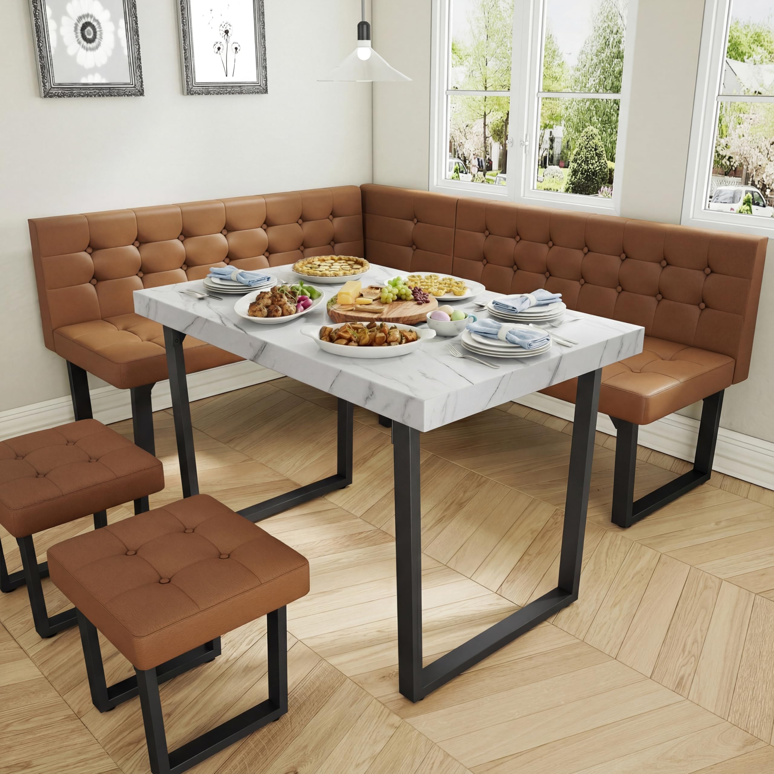 XIAO WEI Corner Dining Table Set for Small Spaces, 72 Inch Breakfast Nook with Storage Banquette, 5 Piece Dining Set with Upholstered Bench, Modern Caramel Brown