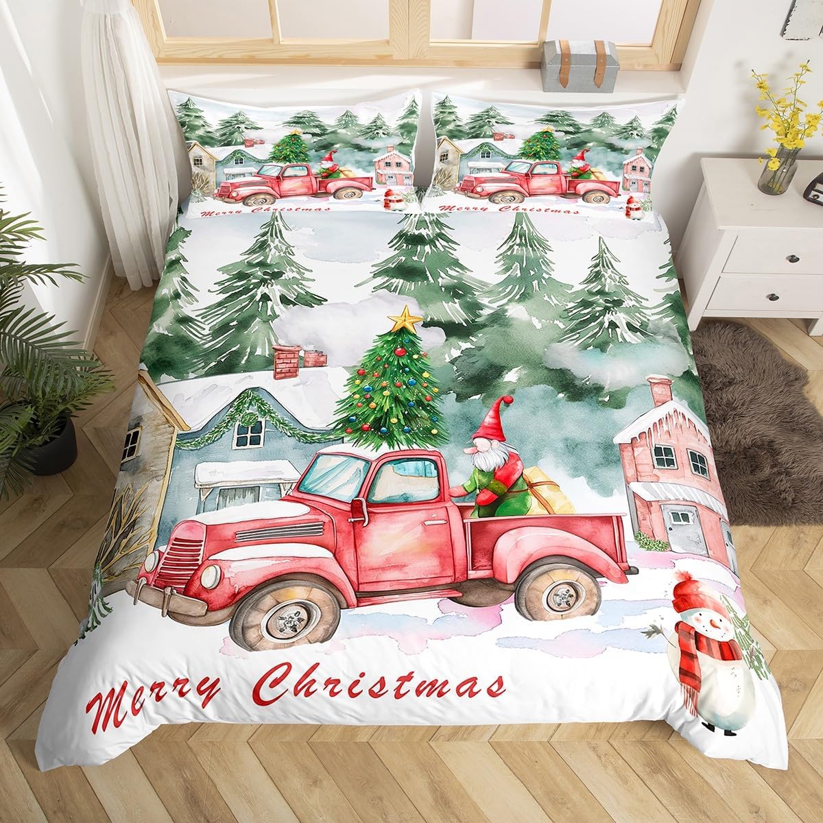 Red Old Truck Duvet Cover Set Twin Size,Christmas Tree Gnome Bedding Set Kids Boys Girls Room Decor,Snowman Winter Rustic Bedspreads Cover 2Pcs,Xmas Theme Comforter Cover,1 Pillowcase(NO Comforter)