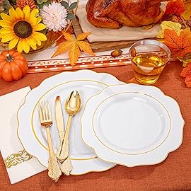 NOCCUR 175PCS Gold Plastic Plates with Disposable Silverware - White Gold Plastic Tableware Include 25 Dinner /25 Dessert Plates, 75 Cutlery, 25 Cups, 25 Napkins - Ideal for Party/Christmas