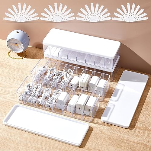 Miniatura 11 de Tatuo Caja organizadora de cables de 2 piezas con ataduras de alambre, caja de almacenamiento de cordón de plástico con tapa, organizador de