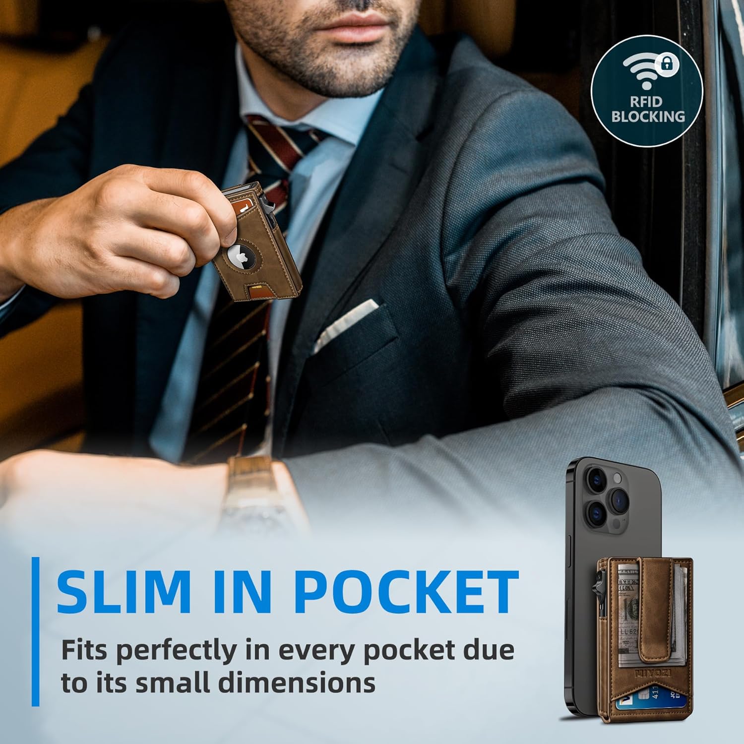 Airtag Wallet for Men Money Clip 9-Card Pop-Up Credit Card Holder with ID Window RFID Blocking Metal Case Magnetic Closure Front Pocket Wallet Gift Box | with Money Clip, Gift Boxed, Slim, RFID Blocking, Pop-up Card Case, Flip - Image 7