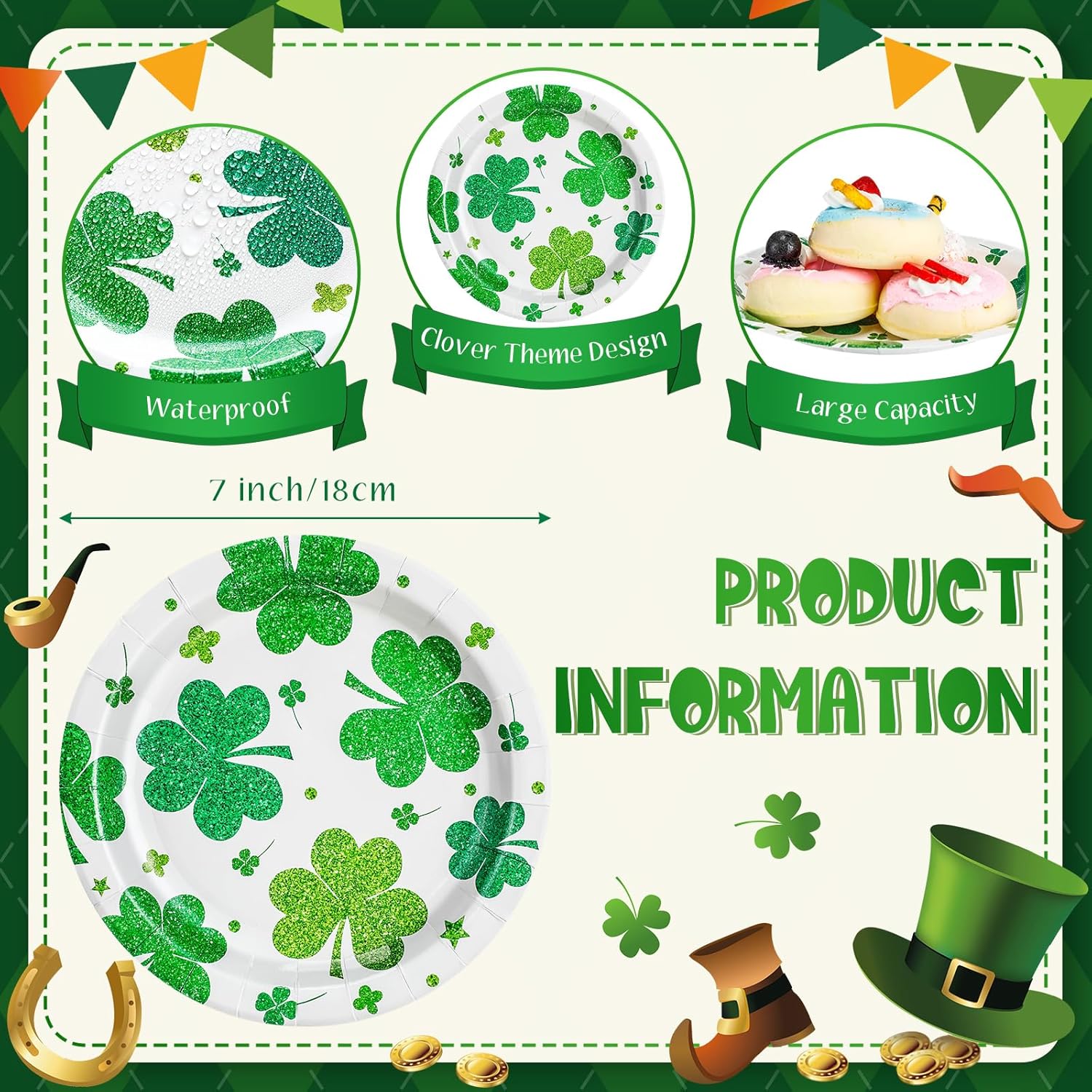 100 Pcs St. Patrick's Day Paper Plates 7 Inch Lucky Shamrock Plates Irish Festival Party Dessert Disposable Green Shamrock for Irish Holiday Party Favor Supplies(Vivid Clover)