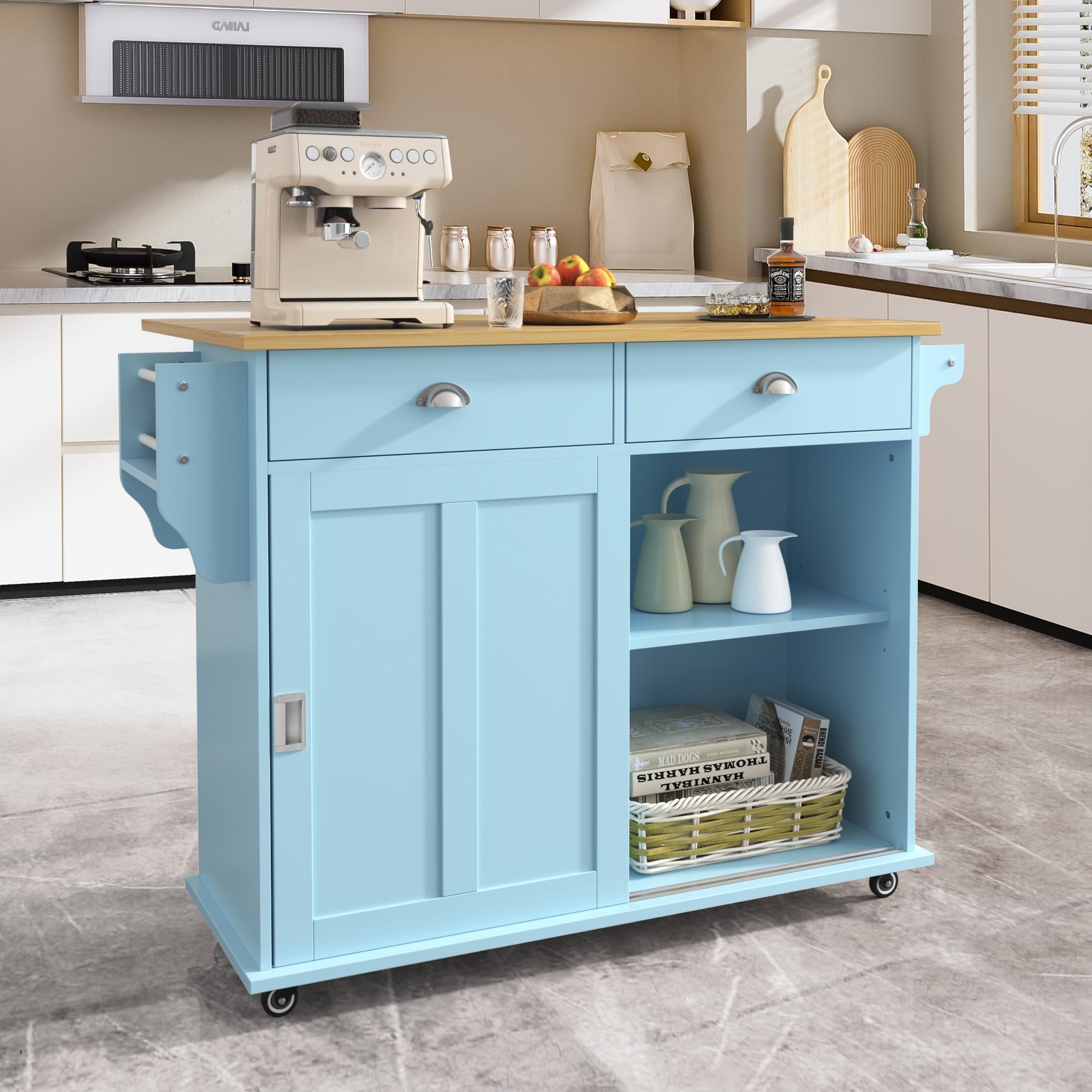 Wyibwy Carrito de cocina, isla de cocina sobre ruedas con superficie de trabajo plegable, isla de cocina móvil con 2 amplios cajones y 2 estantes ajustables (azul 2, 112 x 40 x 94 cm)
