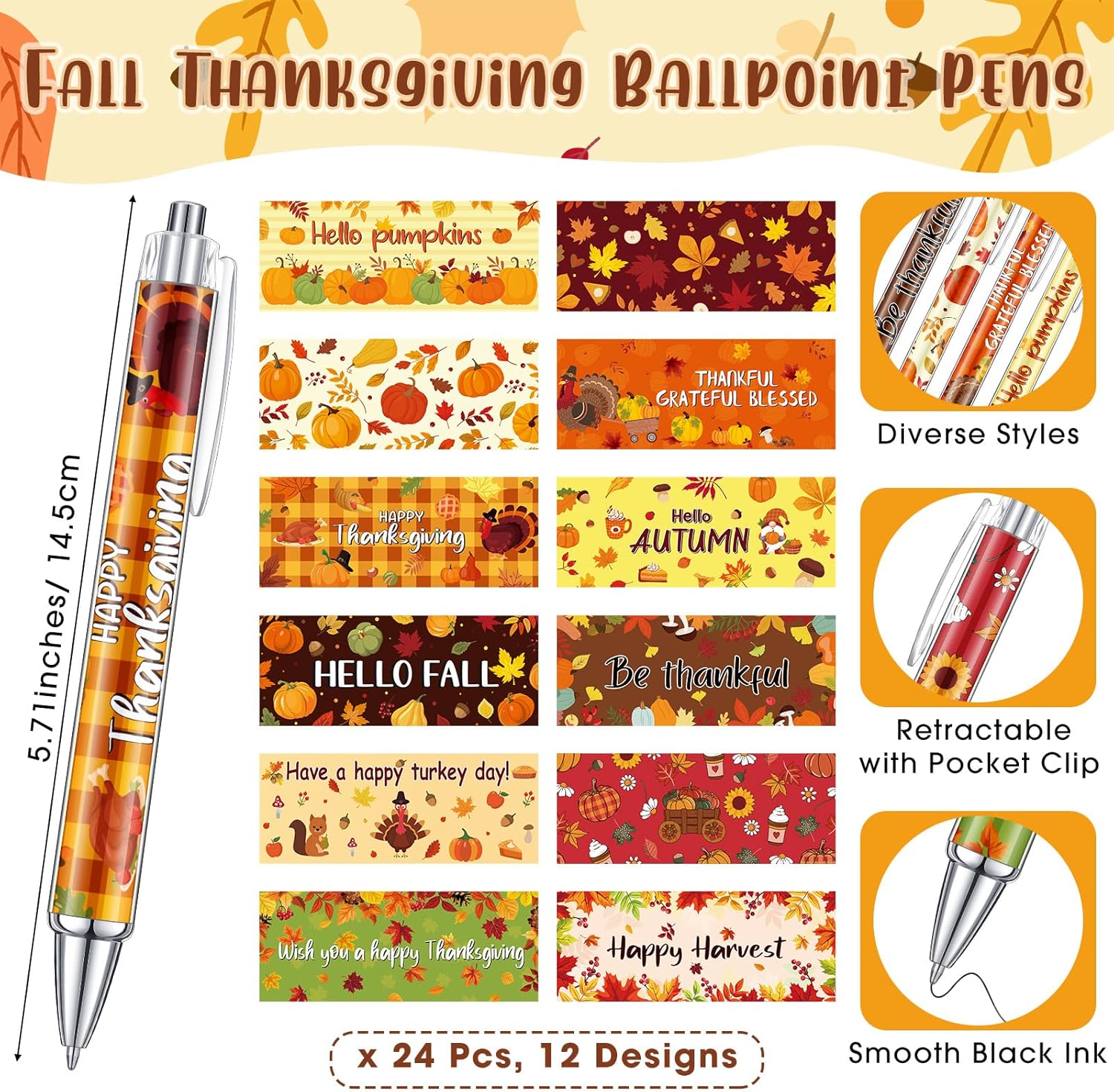 96 Pcs Thanksgiving Sticky Notes and Pens Set, 48 Thanksgiving Notepads 48 Fall Ballpoint Pens - Pumpkin Maple Leaf Acorn Note Pads for Coworkers Gifts School Classroom Office Supplies(Cute)
