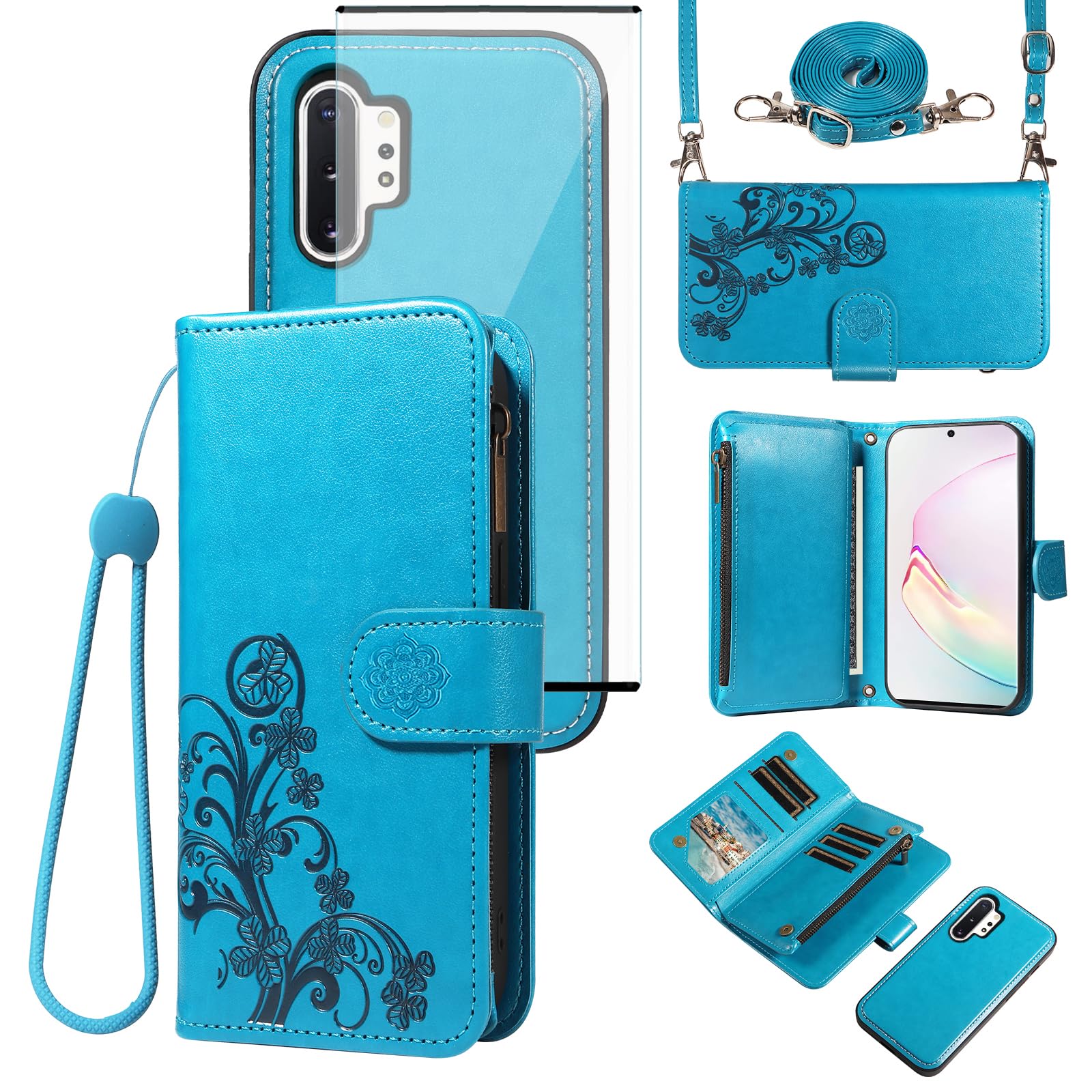 - Asuwish Phone Case for Samsung Galaxy Note 10 Plus Note10+ 5G Zipper Wallet Cell Cover with Tempered Glass Screen Protector Strap Flower Card Holder Note10 + Notes 10+ Ten Not S10 10Plus Women Blue